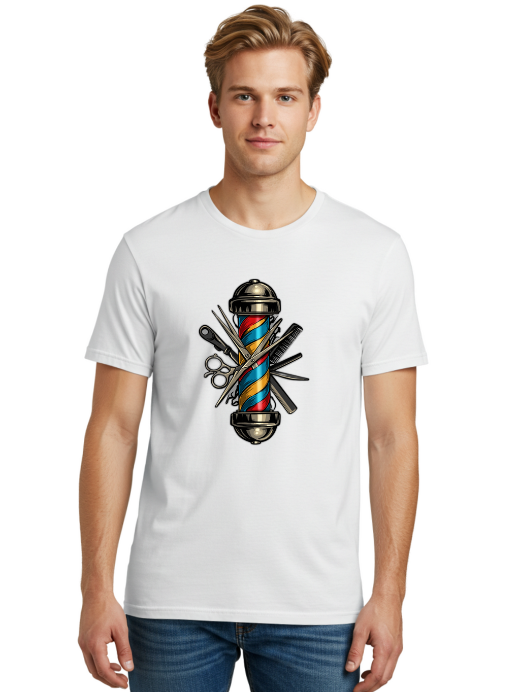 Barber-Pole-3 Men'S Graphic Tee, 100% Cotton, Comfortable Casual Summer Wear, Machine Washable, Barber Pole, Barber Shop, Hairdressing, Scissors, Comb, Clippers, Barber Tools, Barber Equipment, Men'S Grooming, Salon Services Bac605
