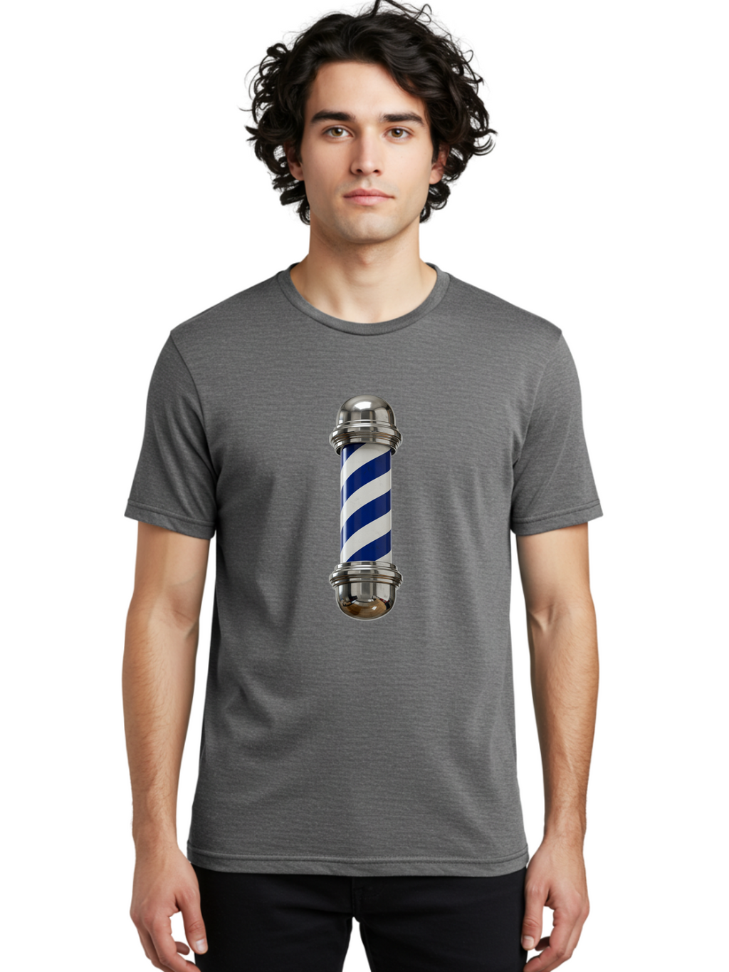 Barber-Pole Men'S Graphic Tee, 100% Cotton, Comfortable Casual Summer Wear, Machine Washable, Barber Pole, Blue And White Stripes, Silver Caps, Traditional Symbol, Barbershop Sign, Classic Design, Vintage Style, Grooming, Men'S Grooming, Bac606