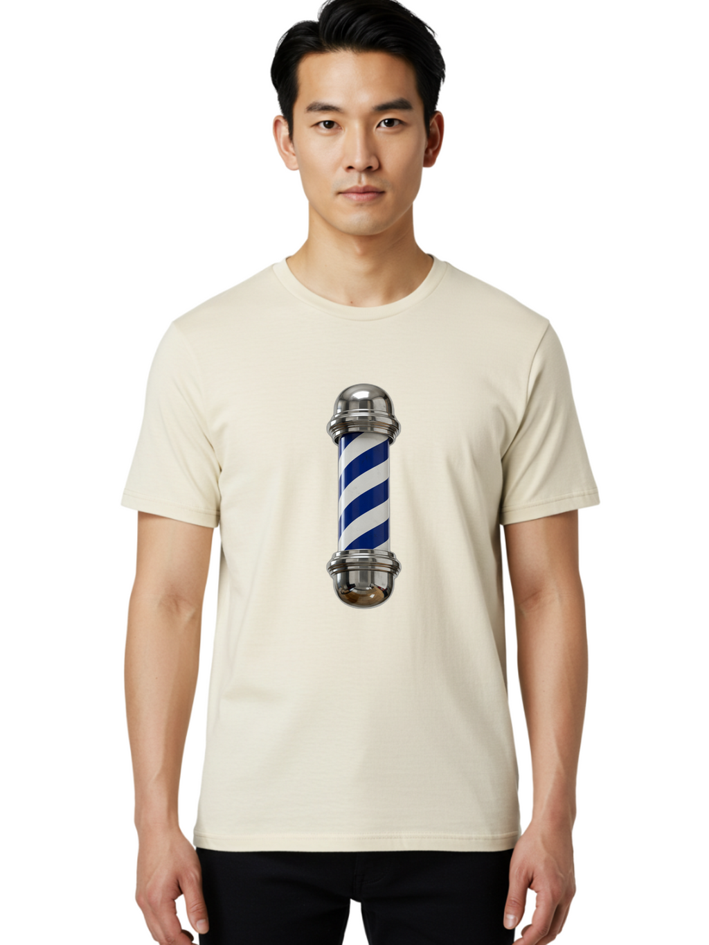 Barber-Pole Men'S Graphic Tee, 100% Cotton, Comfortable Casual Summer Wear, Machine Washable, Barber Pole, Blue And White Stripes, Silver Caps, Traditional Symbol, Barbershop Sign, Classic Design, Vintage Style, Grooming, Men'S Grooming, Bac606
