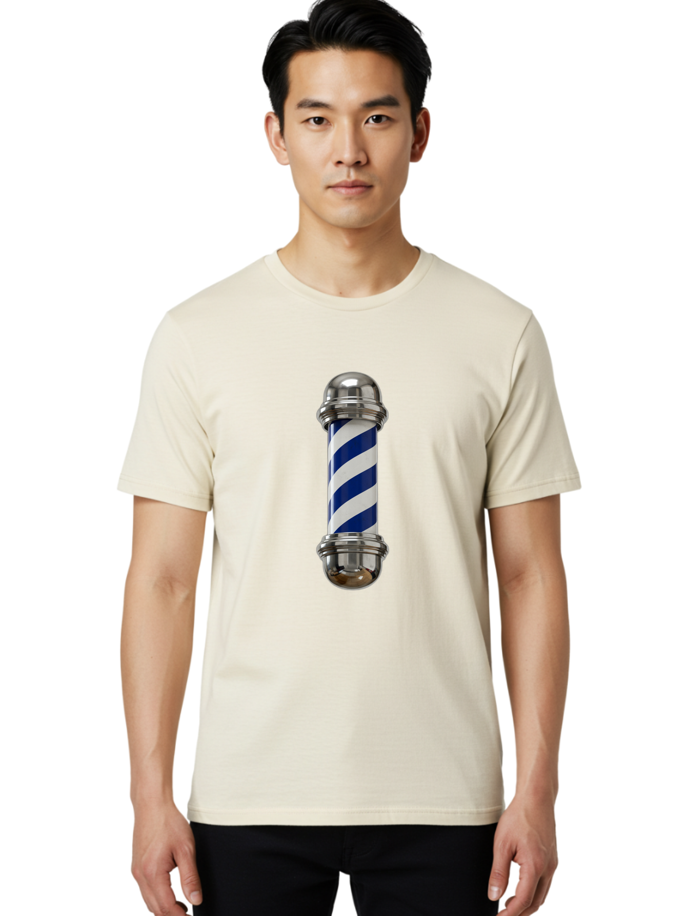 Barber-Pole Men'S Graphic Tee, 100% Cotton, Comfortable Casual Summer Wear, Machine Washable, Barber Pole, Blue And White Stripes, Silver Caps, Traditional Symbol, Barbershop Sign, Classic Design, Vintage Style, Grooming, Men'S Grooming, Bac606