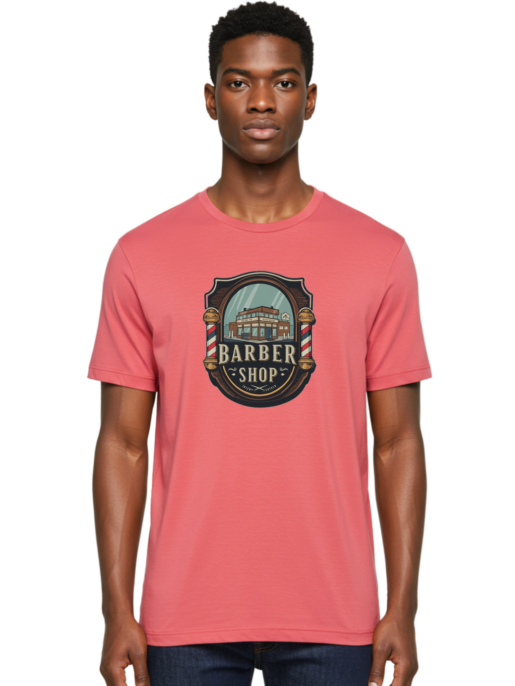 Barber-Shop-2 Men'S Graphic Tee, 100% Cotton, Comfortable Casual Summer Wear, Machine Washable, Barber Shop Logo, Vintage Barber Pole, Retro Style, Men'S Grooming, Barber Shop Sign, Classic Design, Ornate Details, Barber Shop Illustration Bac609