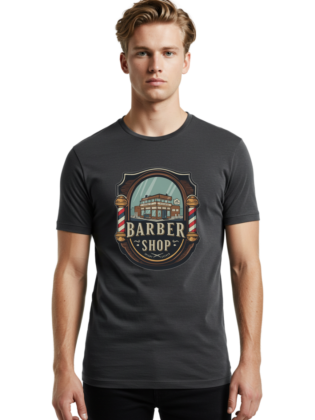 Barber-Shop-2 Men'S Graphic Tee, 100% Cotton, Comfortable Casual Summer Wear, Machine Washable, Barber Shop Logo, Vintage Barber Pole, Retro Style, Men'S Grooming, Barber Shop Sign, Classic Design, Ornate Details, Barber Shop Illustration Bac609