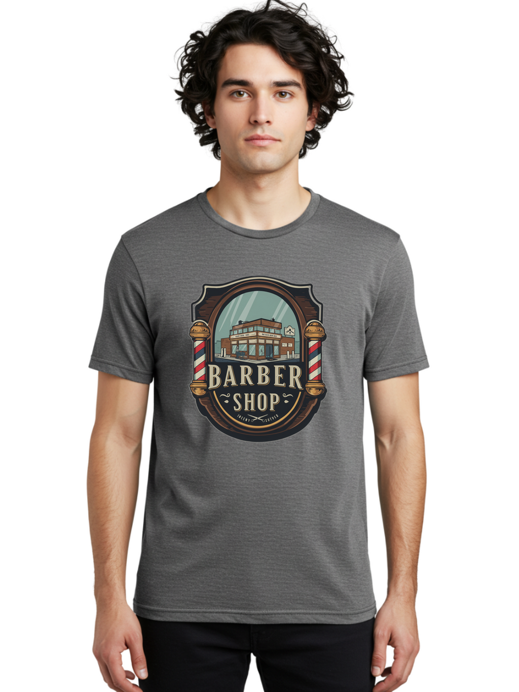 Barber-Shop-2 Men'S Graphic Tee, 100% Cotton, Comfortable Casual Summer Wear, Machine Washable, Barber Shop Logo, Vintage Barber Pole, Retro Style, Men'S Grooming, Barber Shop Sign, Classic Design, Ornate Details, Barber Shop Illustration Bac609
