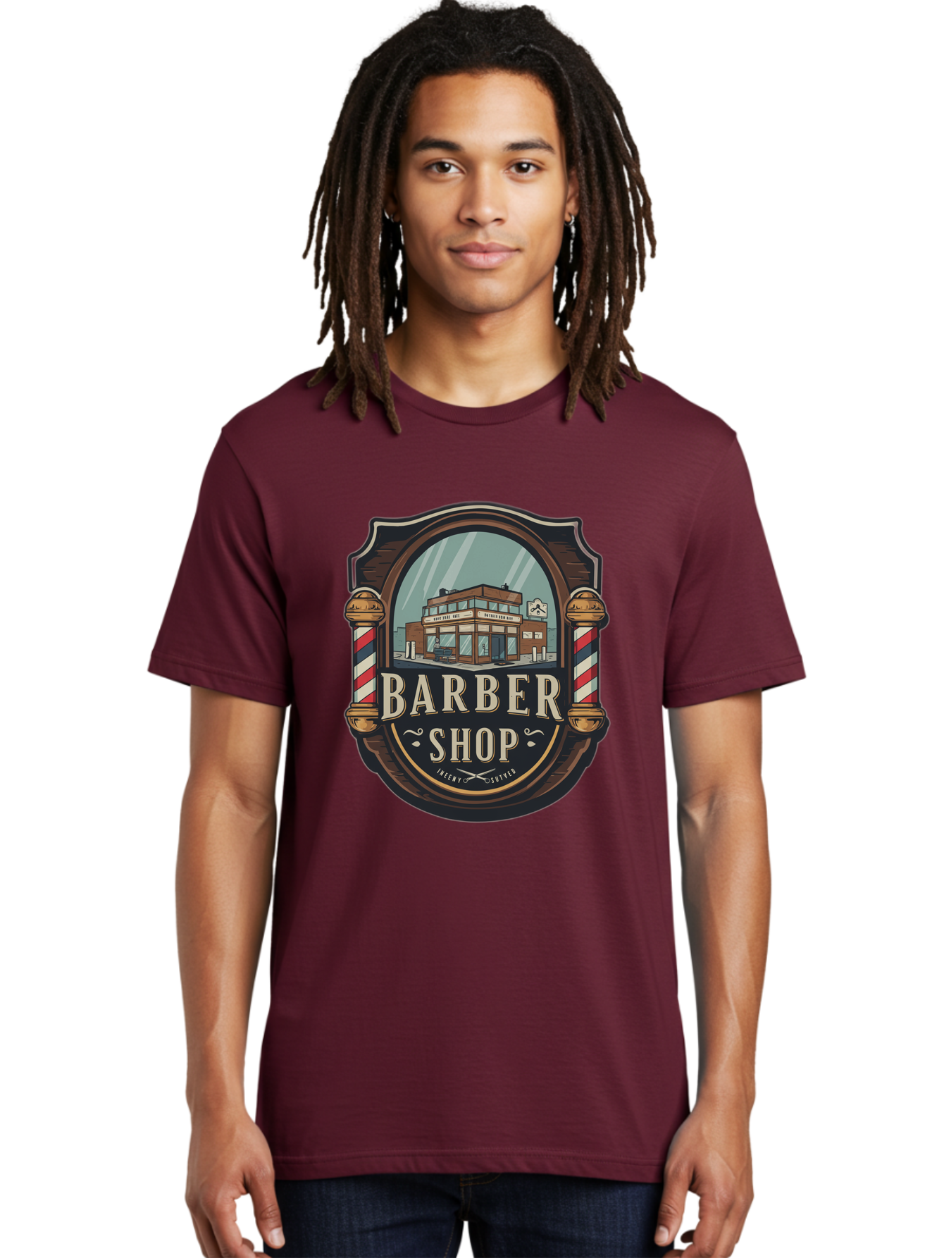 Barber-Shop-2 Men'S Graphic Tee, 100% Cotton, Comfortable Casual Summer Wear, Machine Washable, Barber Shop Logo, Vintage Barber Pole, Retro Style, Men'S Grooming, Barber Shop Sign, Classic Design, Ornate Details, Barber Shop Illustration Bac609