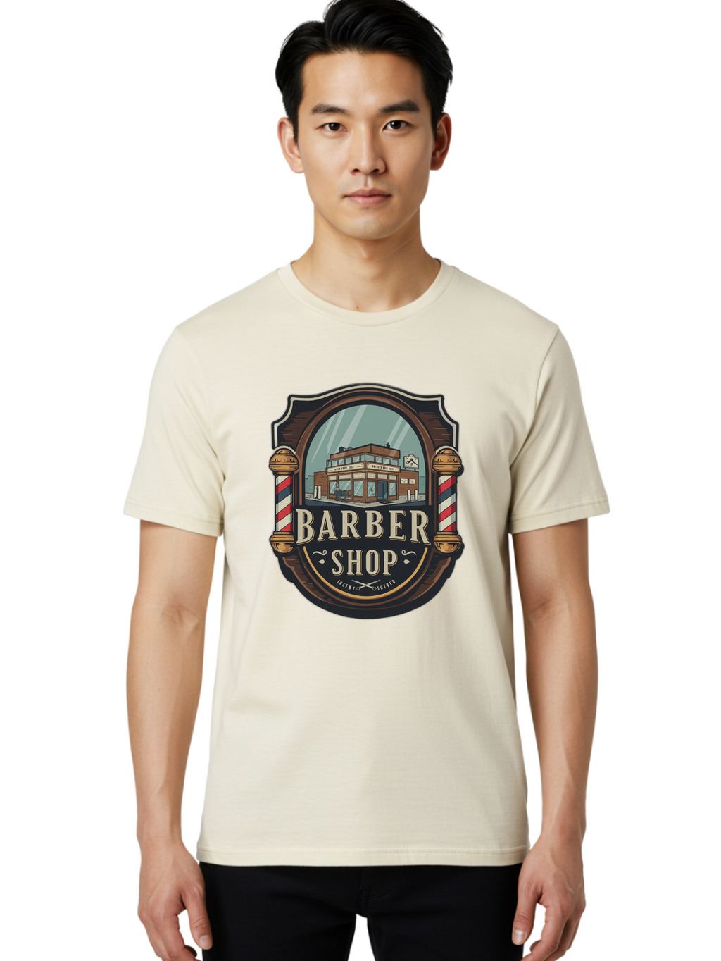 Barber-Shop-2 Men'S Graphic Tee, 100% Cotton, Comfortable Casual Summer Wear, Machine Washable, Barber Shop Logo, Vintage Barber Pole, Retro Style, Men'S Grooming, Barber Shop Sign, Classic Design, Ornate Details, Barber Shop Illustration Bac609