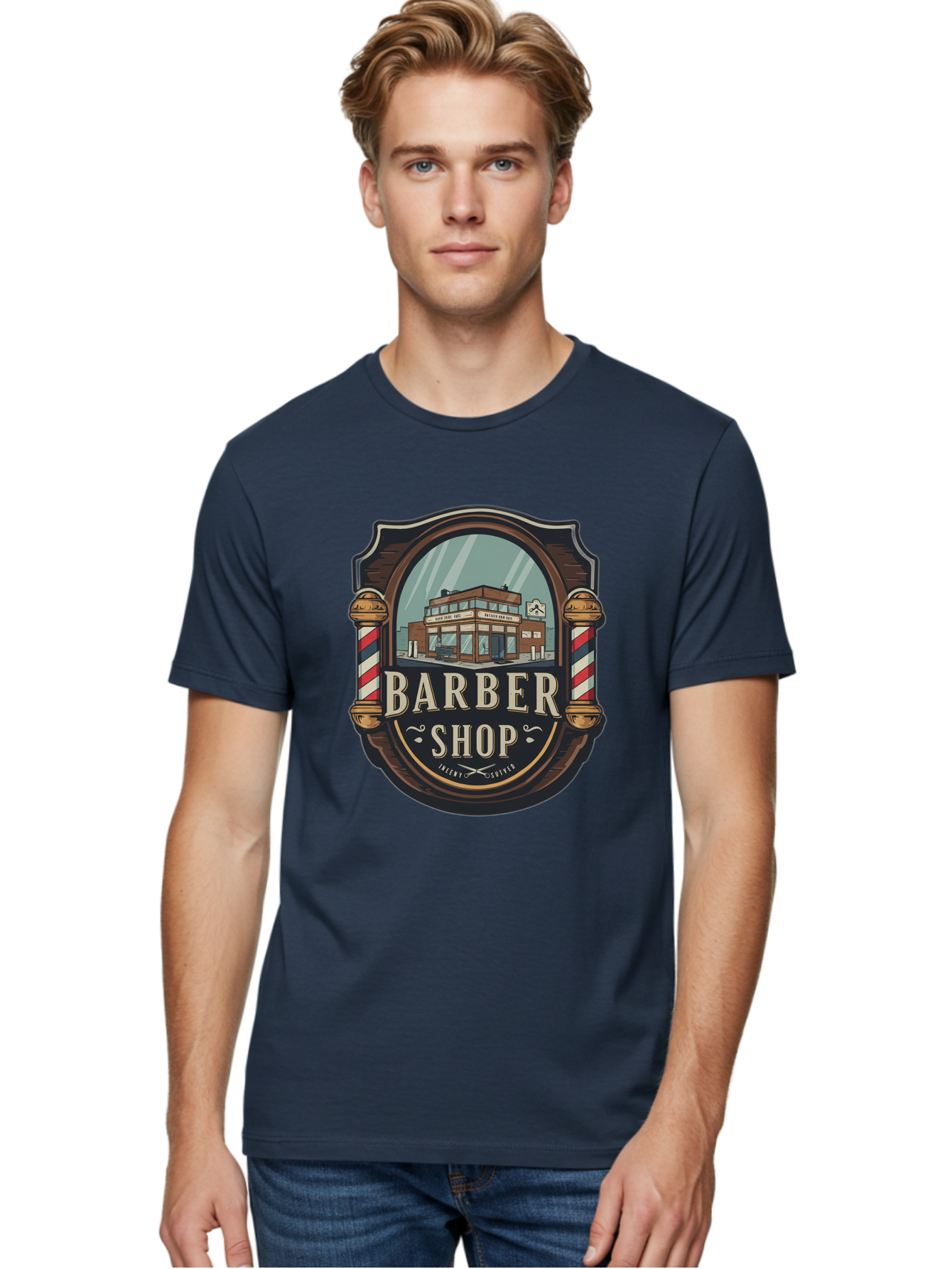 Barber-Shop-2 Men'S Graphic Tee, 100% Cotton, Comfortable Casual Summer Wear, Machine Washable, Barber Shop Logo, Vintage Barber Pole, Retro Style, Men'S Grooming, Barber Shop Sign, Classic Design, Ornate Details, Barber Shop Illustration Bac609