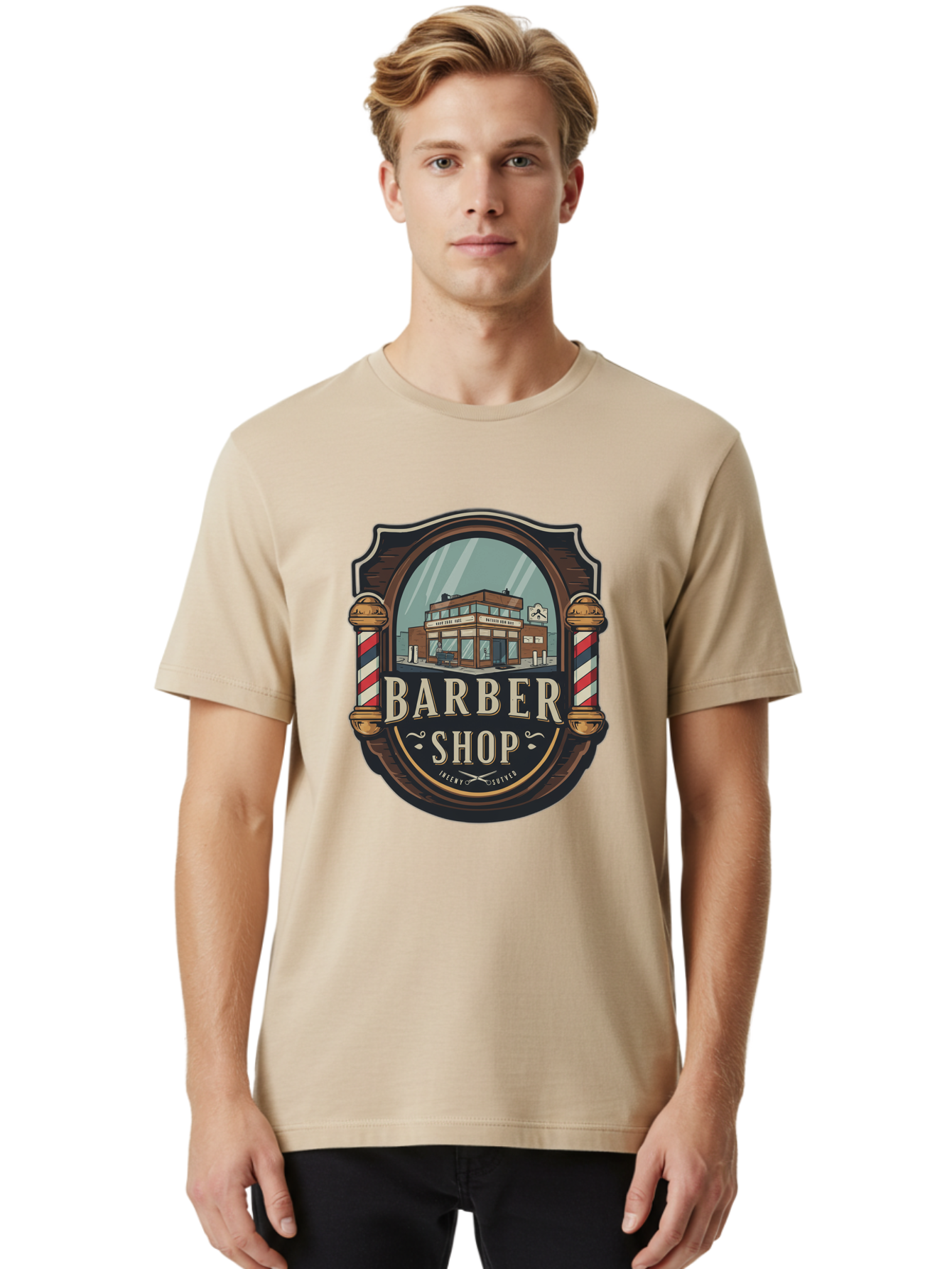 Barber-Shop-2 Men'S Graphic Tee, 100% Cotton, Comfortable Casual Summer Wear, Machine Washable, Barber Shop Logo, Vintage Barber Pole, Retro Style, Men'S Grooming, Barber Shop Sign, Classic Design, Ornate Details, Barber Shop Illustration Bac609