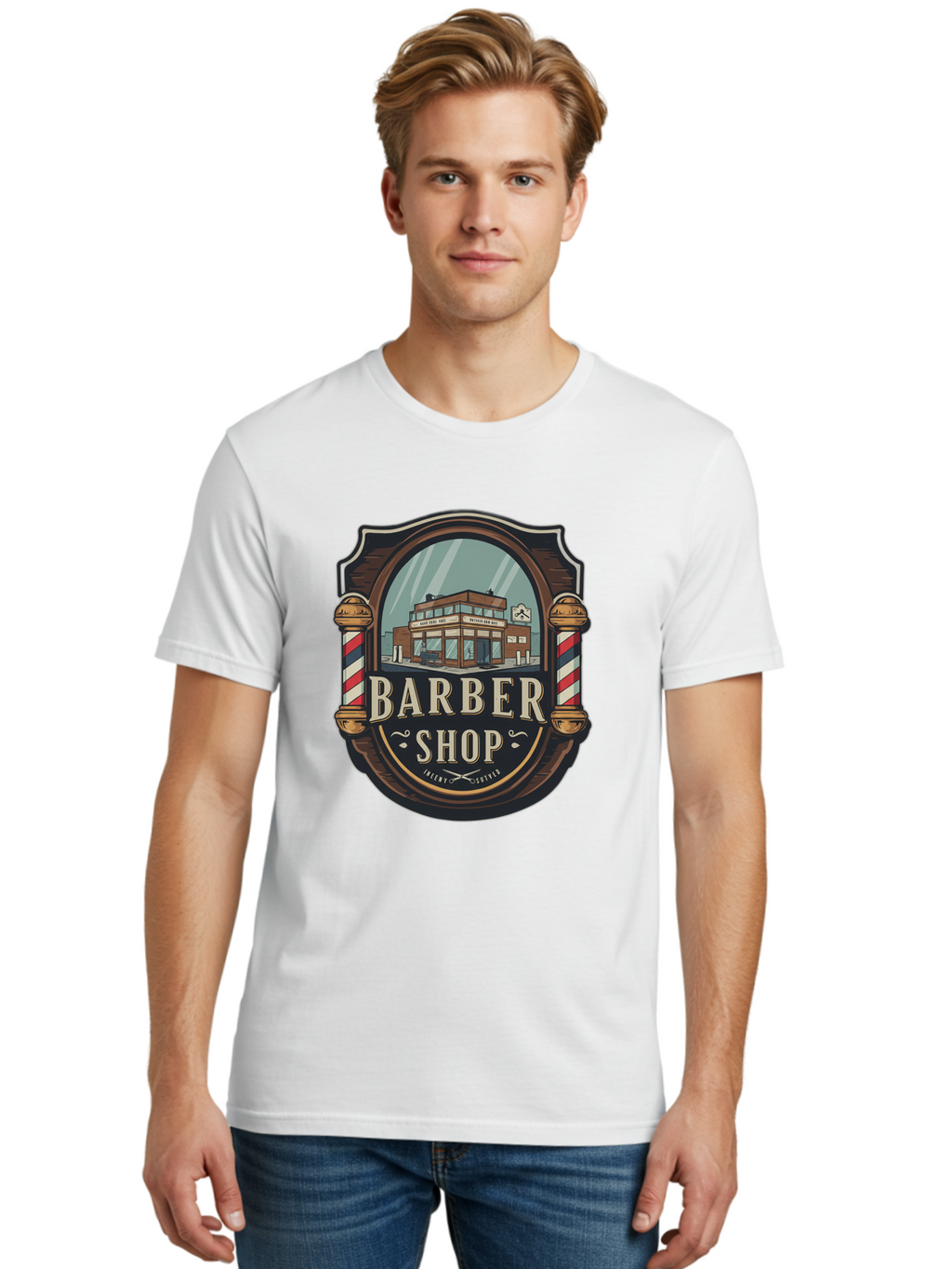 Barber-Shop-2 Men'S Graphic Tee, 100% Cotton, Comfortable Casual Summer Wear, Machine Washable, Barber Shop Logo, Vintage Barber Pole, Retro Style, Men'S Grooming, Barber Shop Sign, Classic Design, Ornate Details, Barber Shop Illustration Bac609