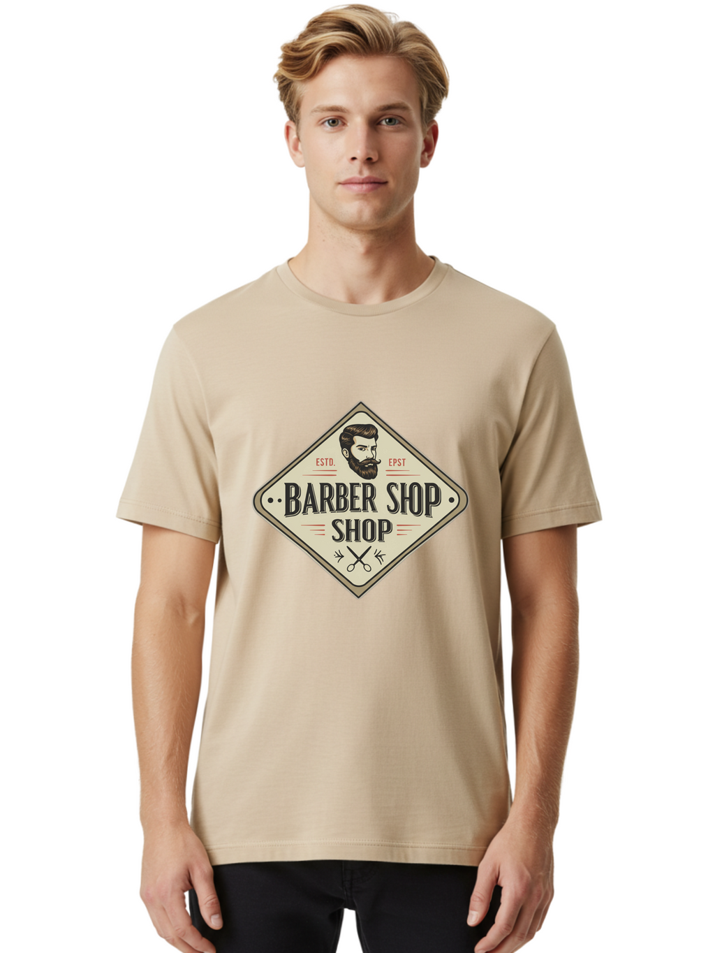 Barber-Shop-Shop Men'S Graphic Tee, 100% Cotton, Comfortable Casual Summer Wear, Machine Washable, Barber Shop Logo, Vintage Style, Men'S Grooming, Beard Care, Haircutting Scissors, Retro Signage, Classic Barber Bac610