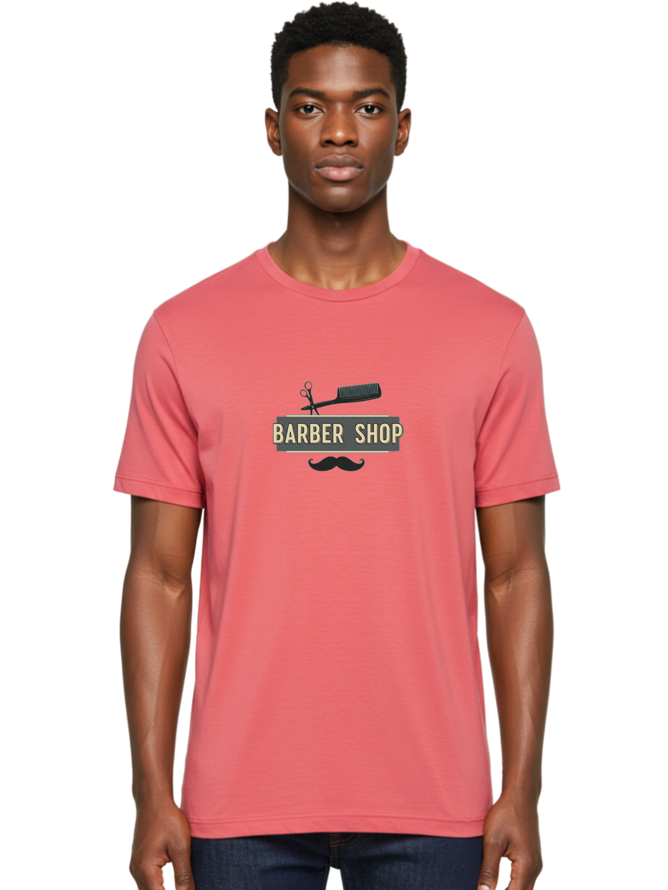 Barber-Shop Men'S Graphic Tee, 100% Cotton, Comfortable Casual Summer Wear, Machine Washable, Barber Shop Logo, Barber Shop Sign, Grooming Tools, Scissors, Comb, Mustache, Men'S Grooming, Barber Services, Haircut, Beard Care, Styling Bac611