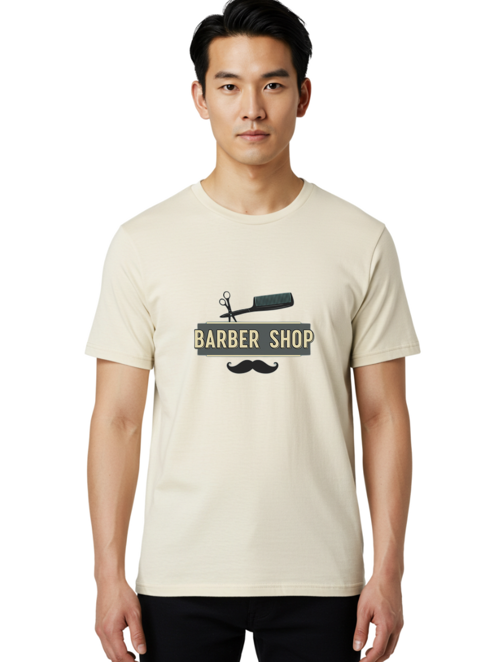 Barber-Shop Men'S Graphic Tee, 100% Cotton, Comfortable Casual Summer Wear, Machine Washable, Barber Shop Logo, Barber Shop Sign, Grooming Tools, Scissors, Comb, Mustache, Men'S Grooming, Barber Services, Haircut, Beard Care, Styling Bac611