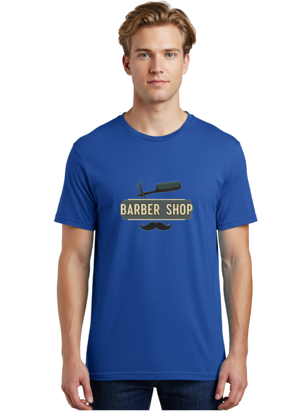 Barber-Shop Men'S Graphic Tee, 100% Cotton, Comfortable Casual Summer Wear, Machine Washable, Barber Shop Logo, Barber Shop Sign, Grooming Tools, Scissors, Comb, Mustache, Men'S Grooming, Barber Services, Haircut, Beard Care, Styling Bac611