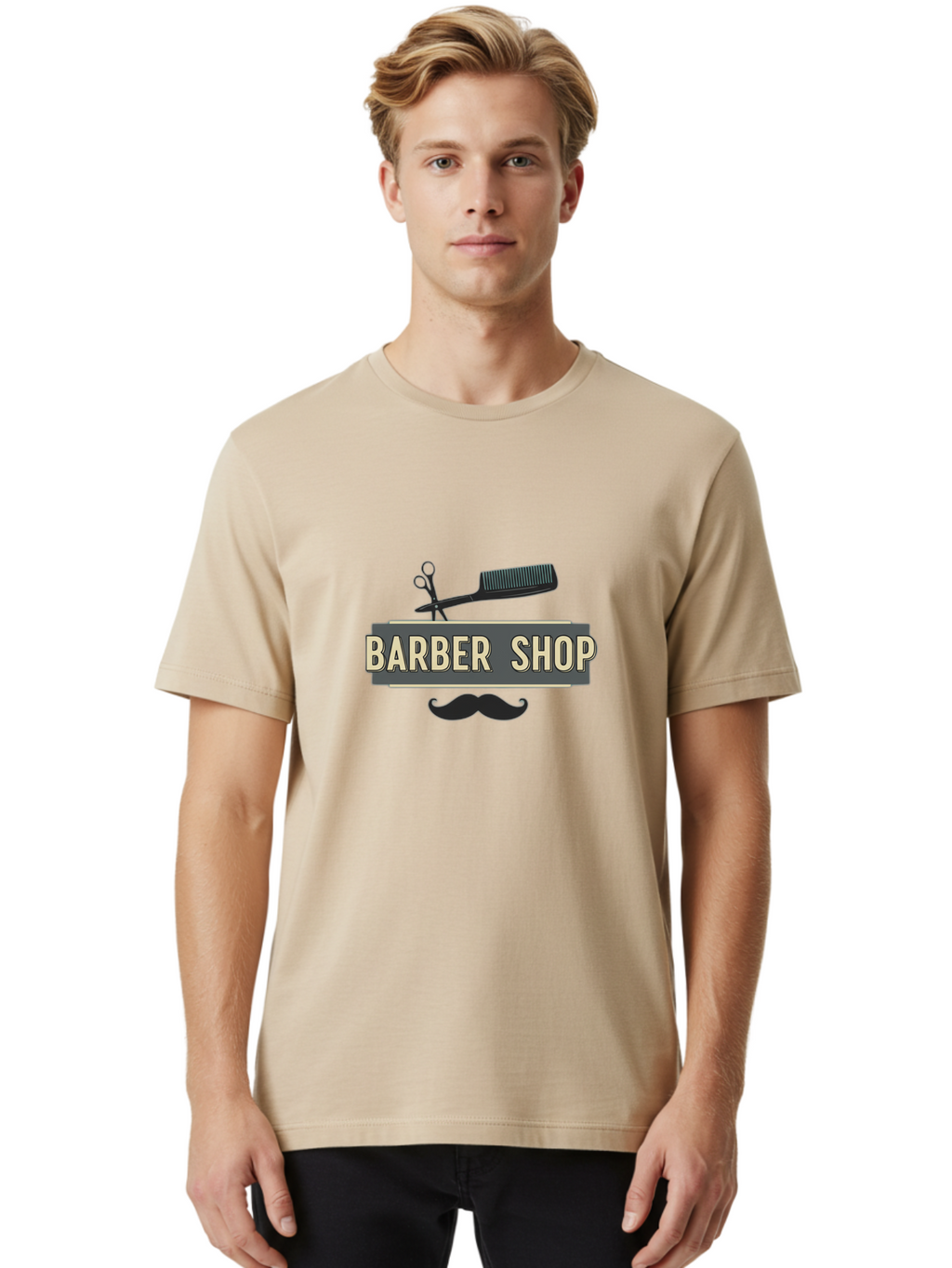 Barber-Shop Men'S Graphic Tee, 100% Cotton, Comfortable Casual Summer Wear, Machine Washable, Barber Shop Logo, Barber Shop Sign, Grooming Tools, Scissors, Comb, Mustache, Men'S Grooming, Barber Services, Haircut, Beard Care, Styling Bac611