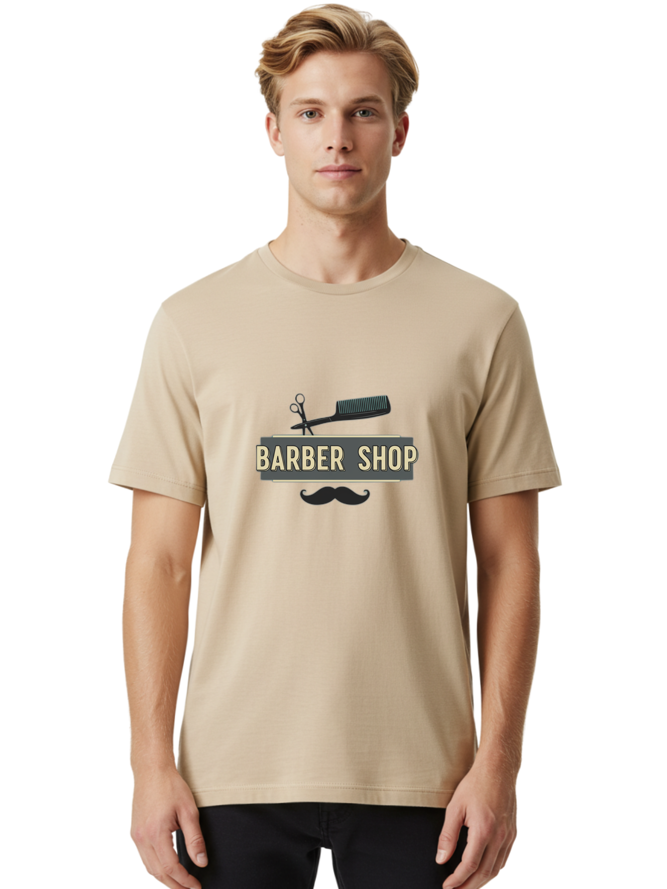 Barber-Shop Men'S Graphic Tee, 100% Cotton, Comfortable Casual Summer Wear, Machine Washable, Barber Shop Logo, Barber Shop Sign, Grooming Tools, Scissors, Comb, Mustache, Men'S Grooming, Barber Services, Haircut, Beard Care, Styling Bac611