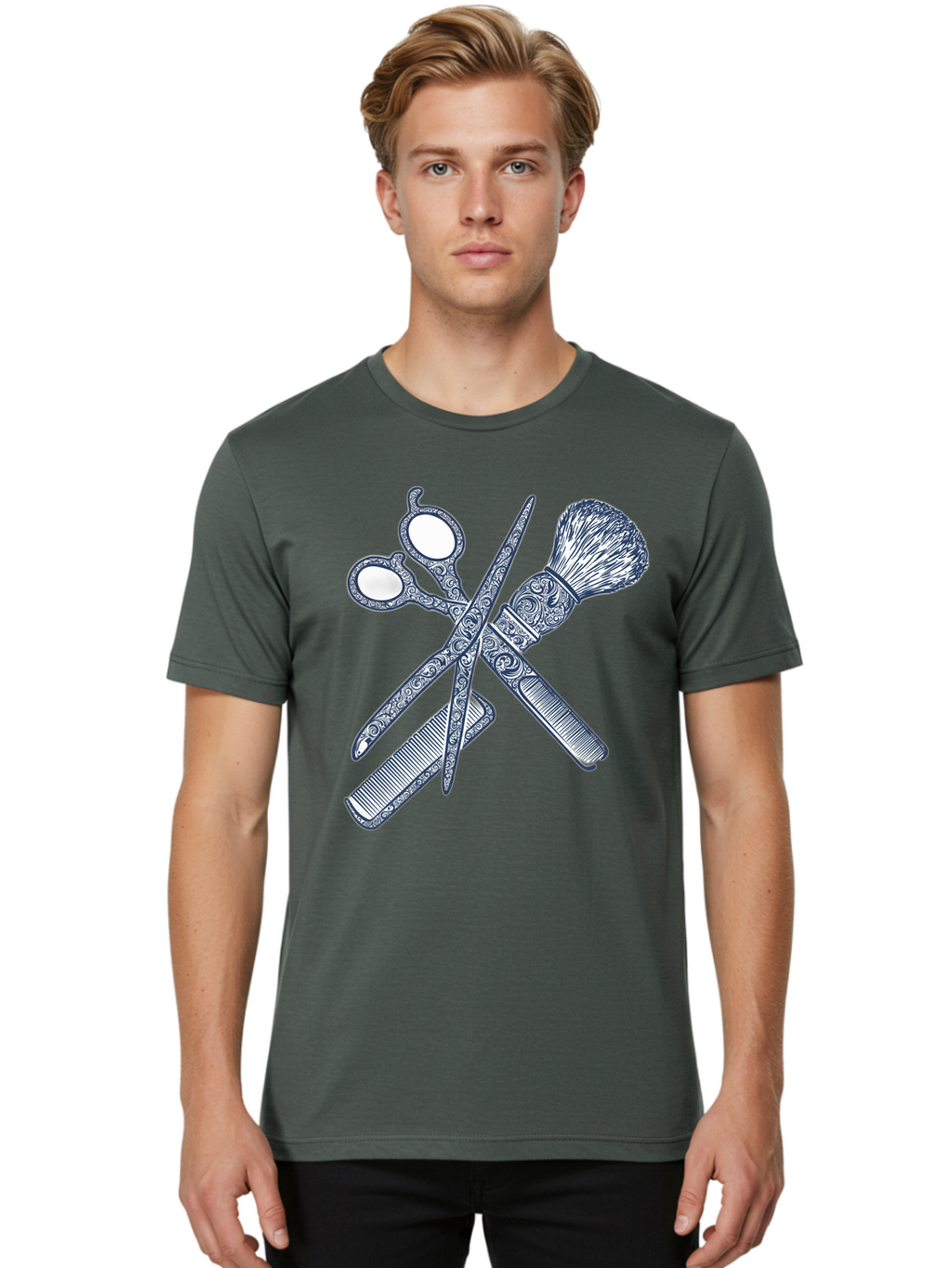 Barber-Tools Men'S Graphic Tee, 100% Cotton, Comfortable Casual Summer Wear, Machine Washable, Barber Scissors, Straight Razor, Shaving Brush, Vintage Grooming, Men'S Grooming, Classic Barber Shop, Antique Styling, Ornate Details, Bac612
