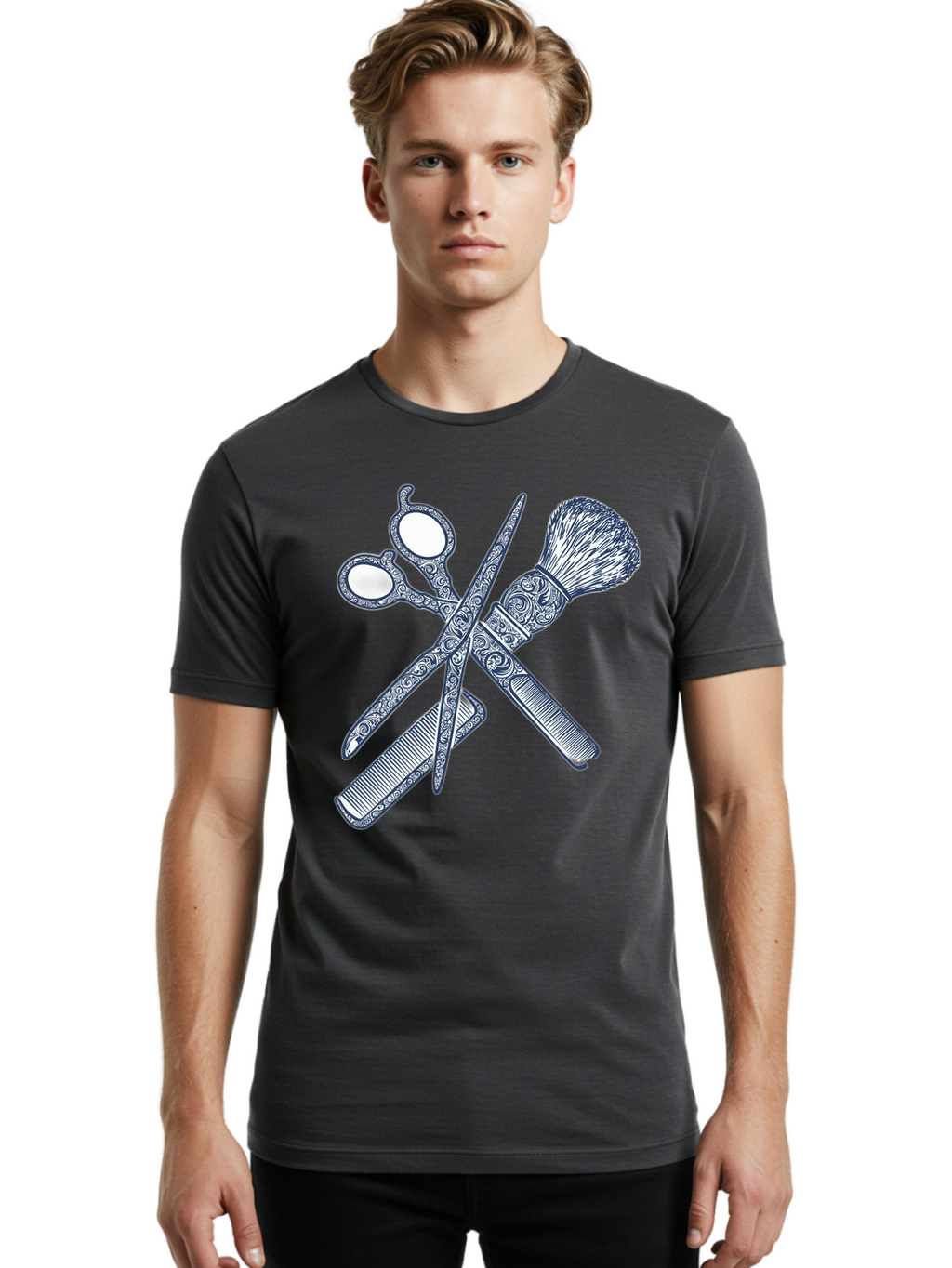 Barber-Tools Men'S Graphic Tee, 100% Cotton, Comfortable Casual Summer Wear, Machine Washable, Barber Scissors, Straight Razor, Shaving Brush, Vintage Grooming, Men'S Grooming, Classic Barber Shop, Antique Styling, Ornate Details, Bac612