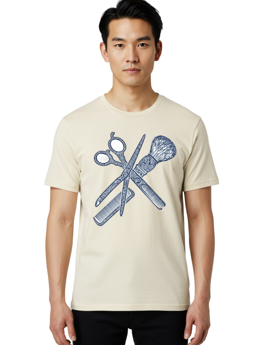 Barber-Tools Men'S Graphic Tee, 100% Cotton, Comfortable Casual Summer Wear, Machine Washable, Barber Scissors, Straight Razor, Shaving Brush, Vintage Grooming, Men'S Grooming, Classic Barber Shop, Antique Styling, Ornate Details, Bac612