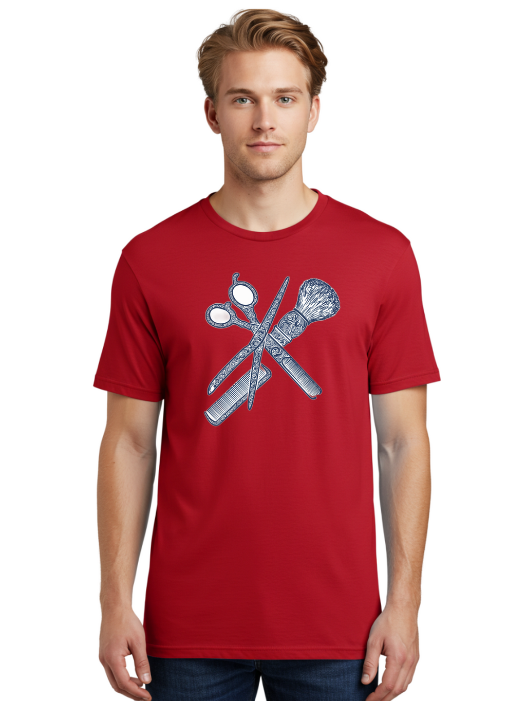 Barber-Tools Men'S Graphic Tee, 100% Cotton, Comfortable Casual Summer Wear, Machine Washable, Barber Scissors, Straight Razor, Shaving Brush, Vintage Grooming, Men'S Grooming, Classic Barber Shop, Antique Styling, Ornate Details, Bac612