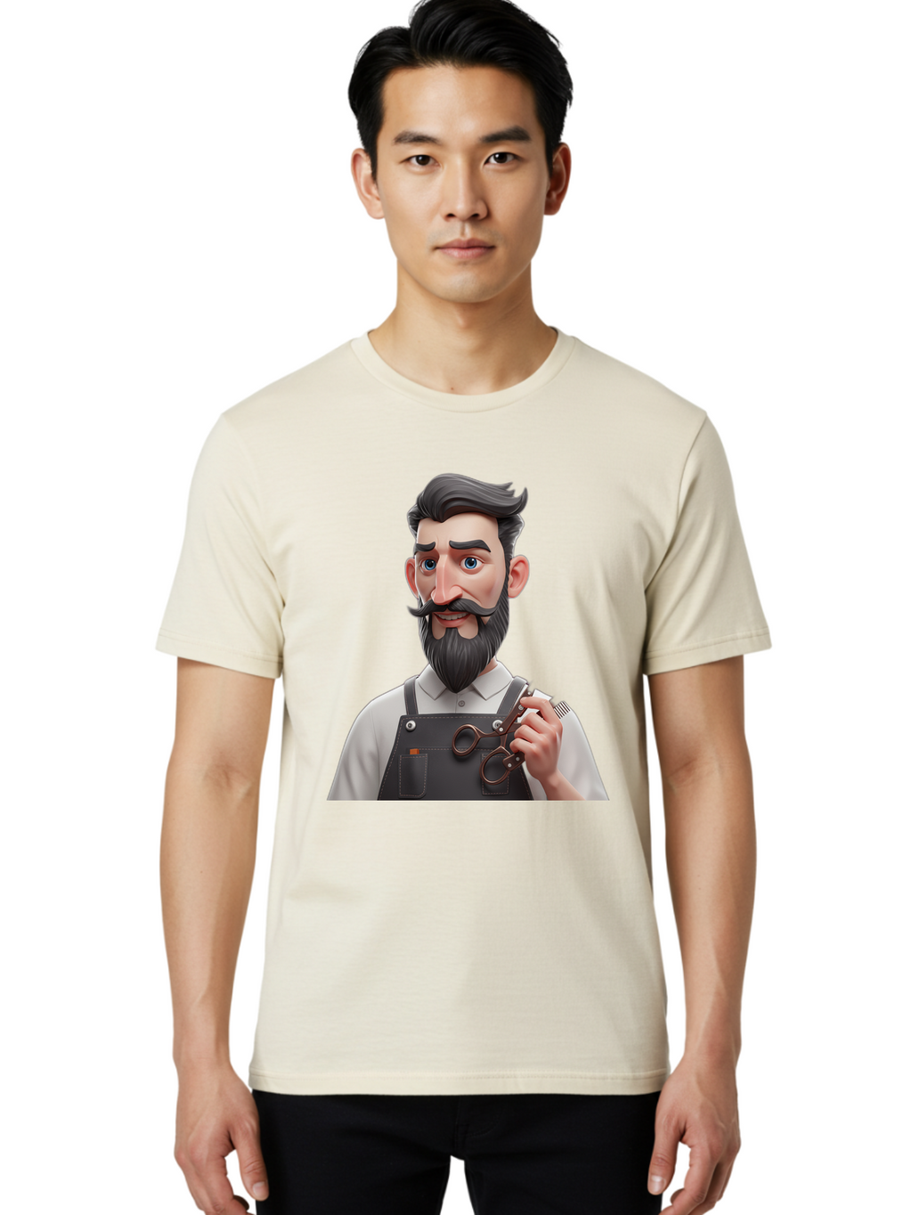 Barber Men'S Graphic Tee, 100% Cotton, Comfortable Casual Summer Wear, Machine Washable, Barber Holding Scissors, Grooming Tools, 3D Character, Bearded Man, Barber Shop, Haircut, Grooming, Male Stylist, Salon Professional Bac613