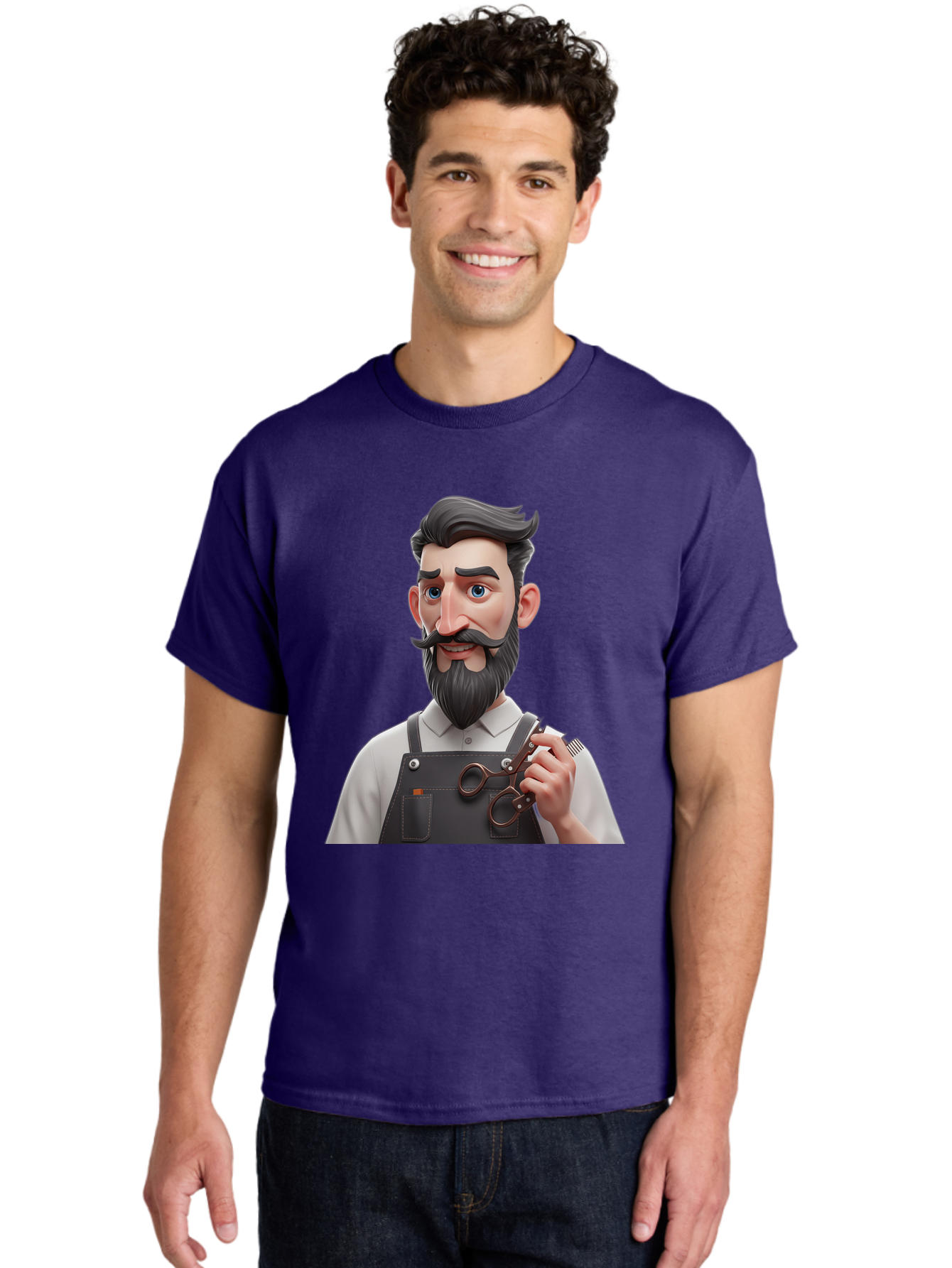Barber Men'S Graphic Tee, 100% Cotton, Comfortable Casual Summer Wear, Machine Washable, Barber Holding Scissors, Grooming Tools, 3D Character, Bearded Man, Barber Shop, Haircut, Grooming, Male Stylist, Salon Professional Bac613
