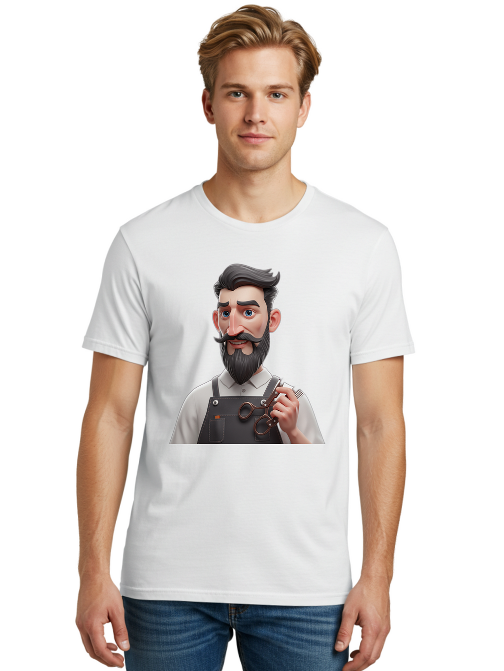Barber Men'S Graphic Tee, 100% Cotton, Comfortable Casual Summer Wear, Machine Washable, Barber Holding Scissors, Grooming Tools, 3D Character, Bearded Man, Barber Shop, Haircut, Grooming, Male Stylist, Salon Professional Bac613