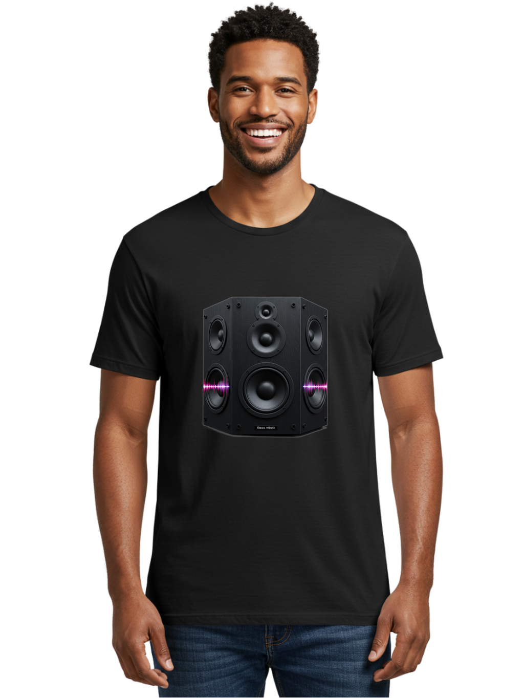 Base-Reflex Men'S Graphic Tee, 100% Cotton, Comfortable Casual Summer Wear, Machine Washable, Black Speaker System, Home Audio Equipment, Sound System, Hi-Fi Speaker, Purple Sound Wave, Music Technology, Audio Visual Bac614