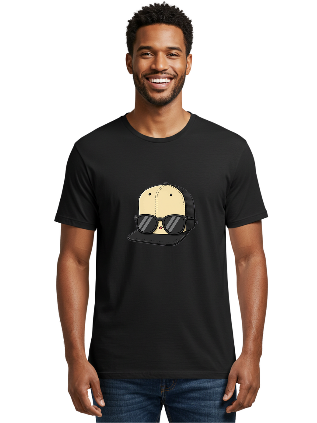 Baseball-Cap-1 Men'S Graphic Tee, 100% Cotton, Comfortable Casual Summer Wear, Machine Washable, Baseball Cap, Sunglasses, Cool Guy, Hipster Style, Trendy Accessories, Fashionable Hat, Cartoon Character, Black And Tan, Shades, Cool Vibes Bac615