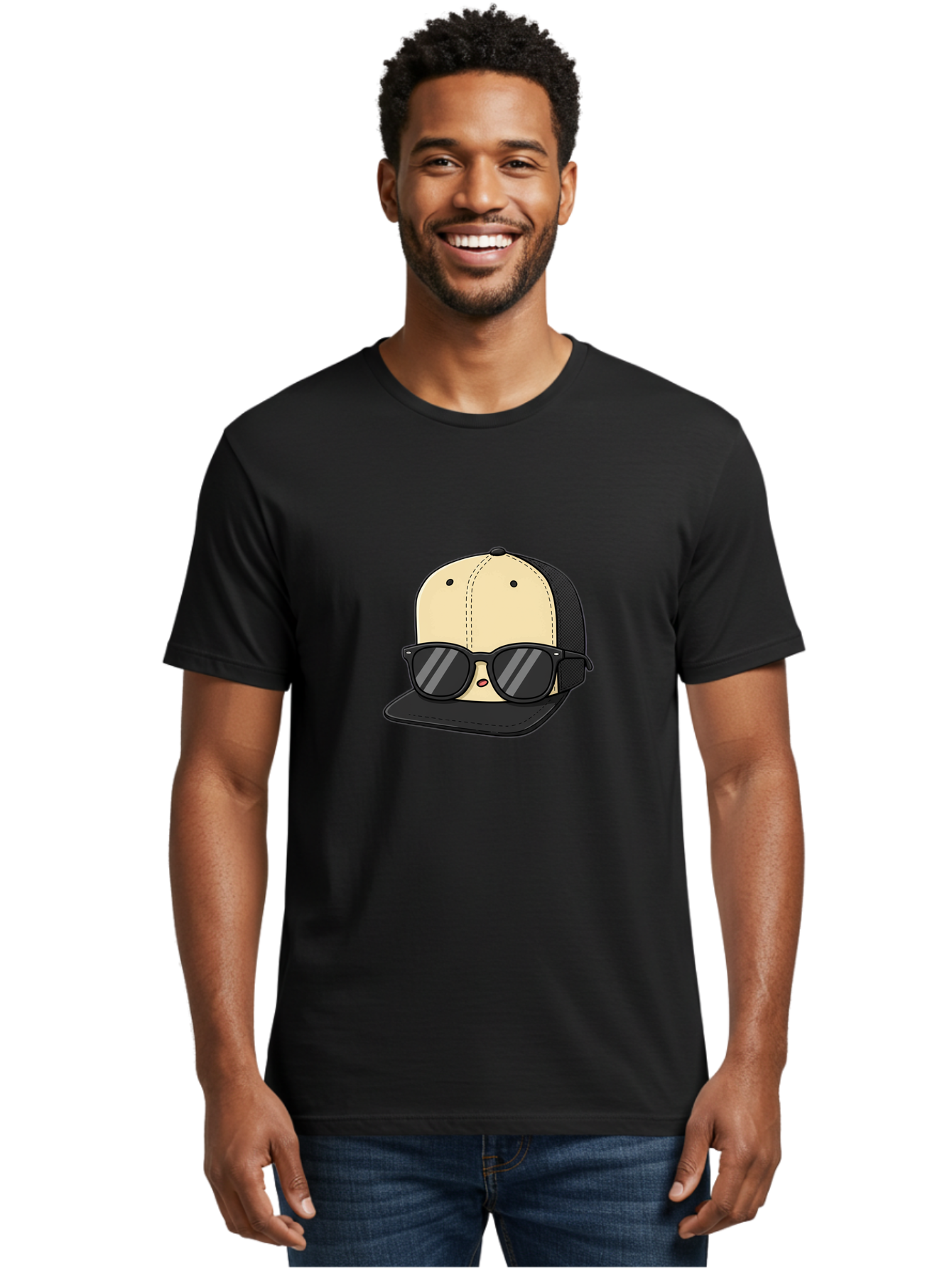 Baseball-Cap-1 Men'S Graphic Tee, 100% Cotton, Comfortable Casual Summer Wear, Machine Washable, Baseball Cap, Sunglasses, Cool Guy, Hipster Style, Trendy Accessories, Fashionable Hat, Cartoon Character, Black And Tan, Shades, Cool Vibes Bac615