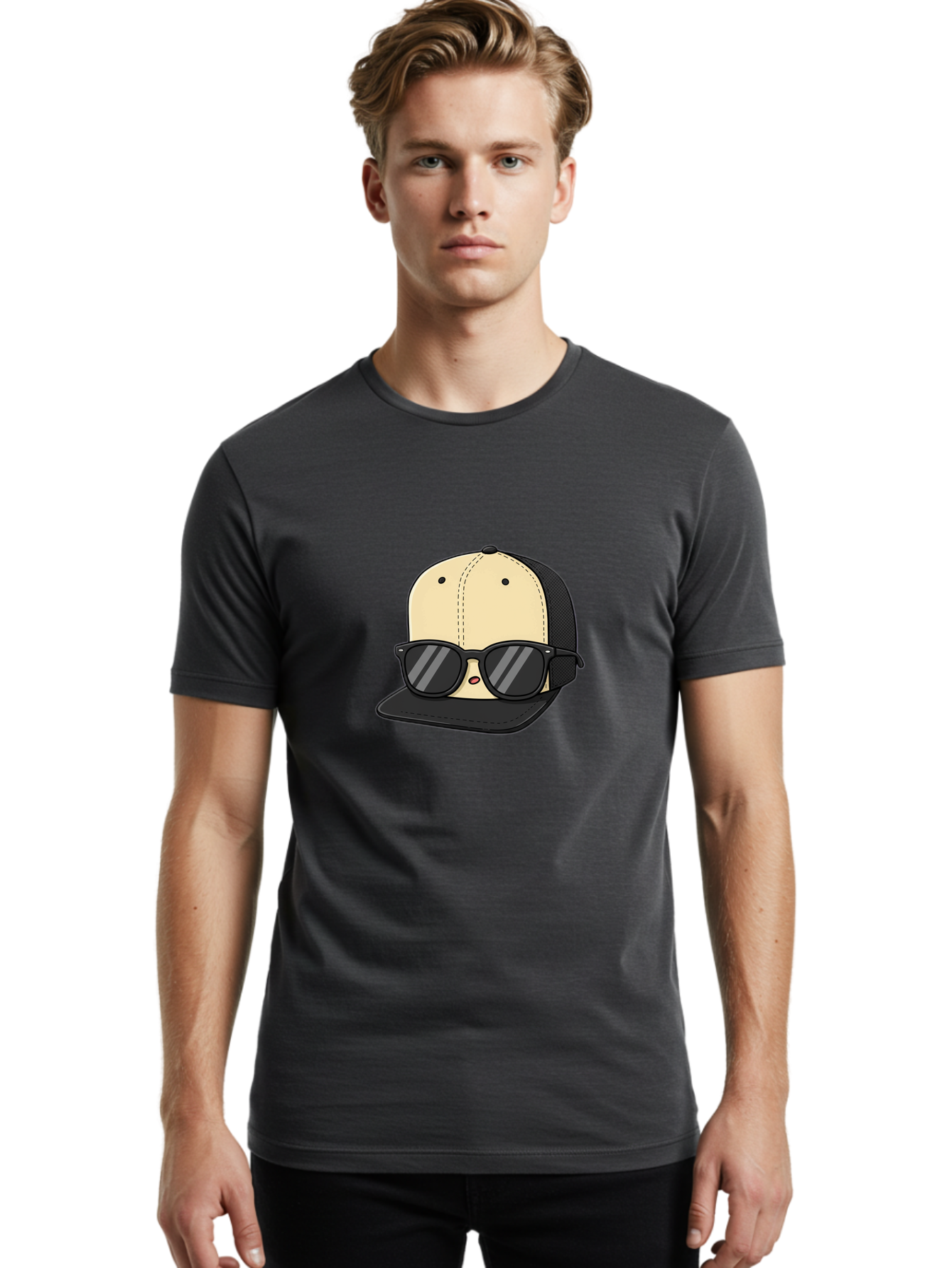 Baseball-Cap-1 Men'S Graphic Tee, 100% Cotton, Comfortable Casual Summer Wear, Machine Washable, Baseball Cap, Sunglasses, Cool Guy, Hipster Style, Trendy Accessories, Fashionable Hat, Cartoon Character, Black And Tan, Shades, Cool Vibes Bac615