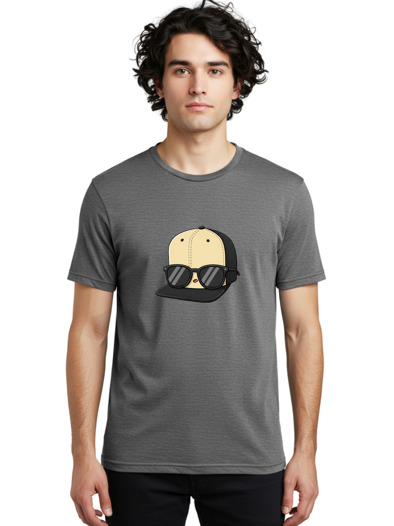 Baseball-Cap-1 Men'S Graphic Tee, 100% Cotton, Comfortable Casual Summer Wear, Machine Washable, Baseball Cap, Sunglasses, Cool Guy, Hipster Style, Trendy Accessories, Fashionable Hat, Cartoon Character, Black And Tan, Shades, Cool Vibes Bac615