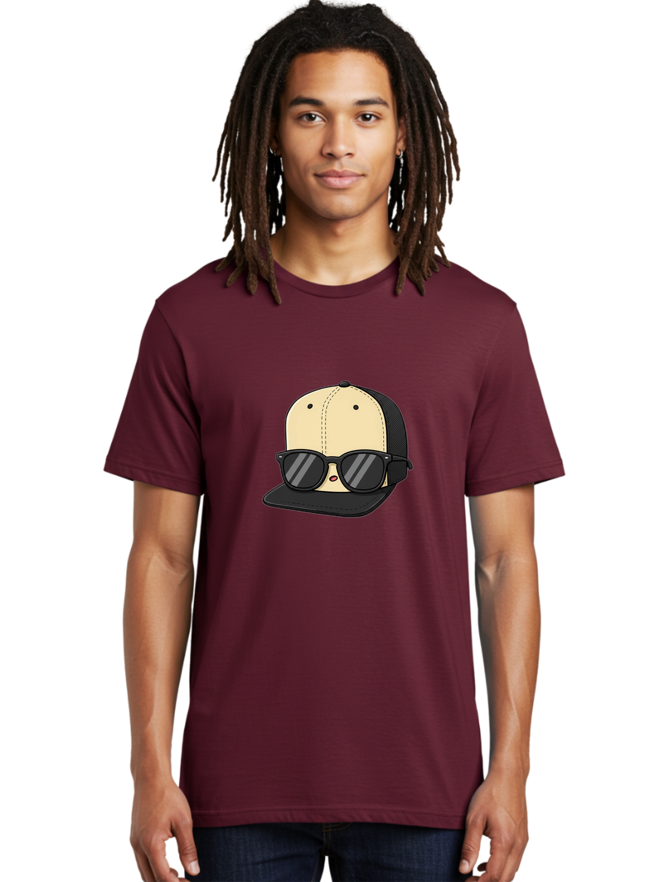 Baseball-Cap-1 Men'S Graphic Tee, 100% Cotton, Comfortable Casual Summer Wear, Machine Washable, Baseball Cap, Sunglasses, Cool Guy, Hipster Style, Trendy Accessories, Fashionable Hat, Cartoon Character, Black And Tan, Shades, Cool Vibes Bac615