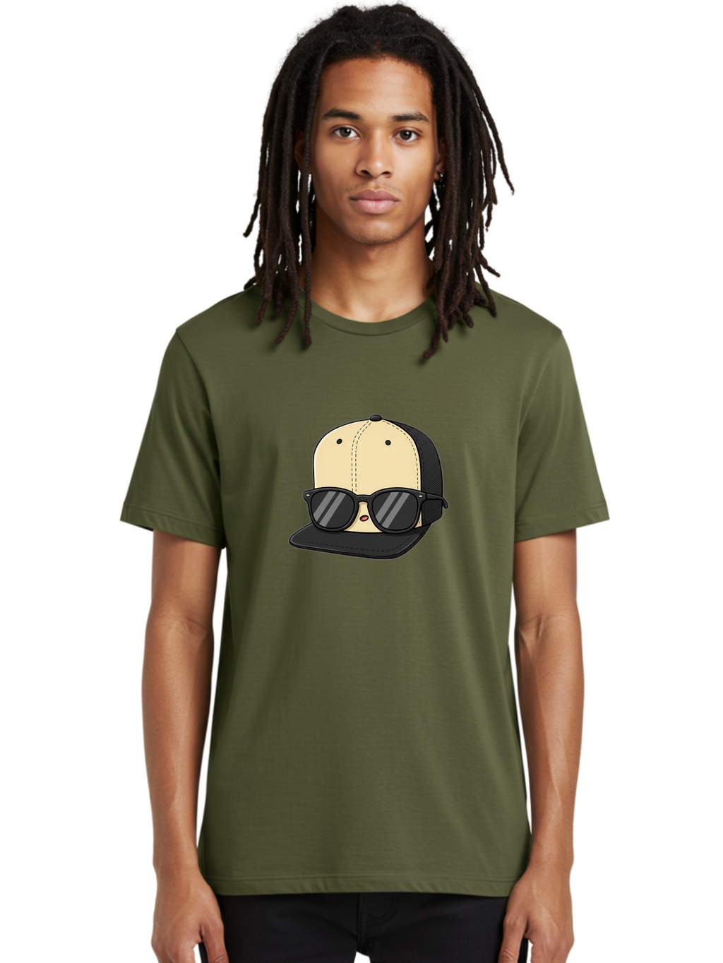 Baseball-Cap-1 Men'S Graphic Tee, 100% Cotton, Comfortable Casual Summer Wear, Machine Washable, Baseball Cap, Sunglasses, Cool Guy, Hipster Style, Trendy Accessories, Fashionable Hat, Cartoon Character, Black And Tan, Shades, Cool Vibes Bac615