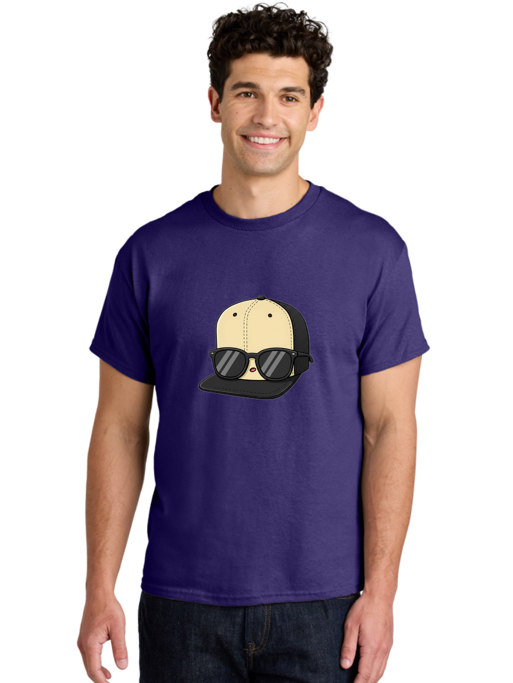 Baseball-Cap-1 Men'S Graphic Tee, 100% Cotton, Comfortable Casual Summer Wear, Machine Washable, Baseball Cap, Sunglasses, Cool Guy, Hipster Style, Trendy Accessories, Fashionable Hat, Cartoon Character, Black And Tan, Shades, Cool Vibes Bac615