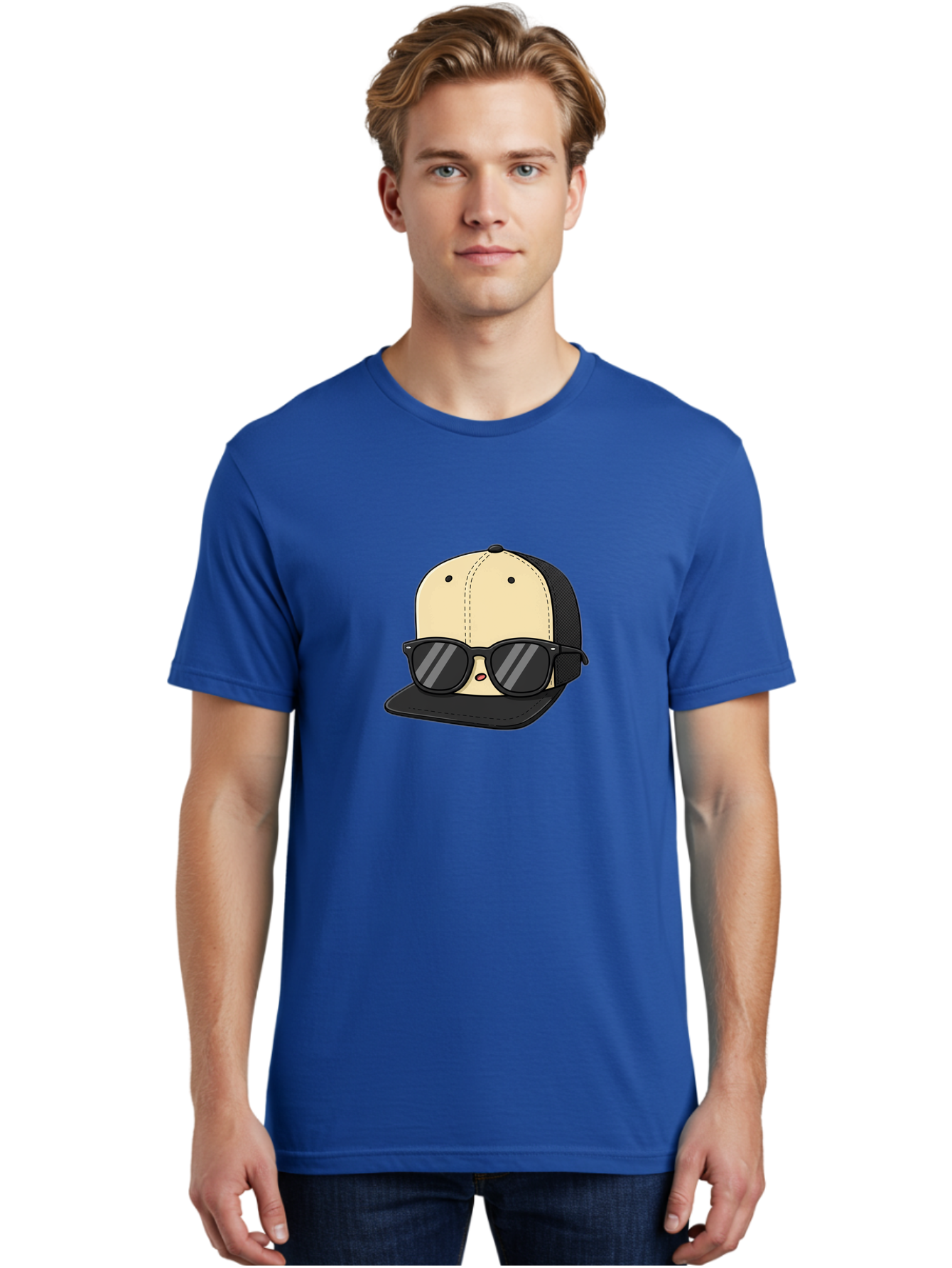 Baseball-Cap-1 Men'S Graphic Tee, 100% Cotton, Comfortable Casual Summer Wear, Machine Washable, Baseball Cap, Sunglasses, Cool Guy, Hipster Style, Trendy Accessories, Fashionable Hat, Cartoon Character, Black And Tan, Shades, Cool Vibes Bac615