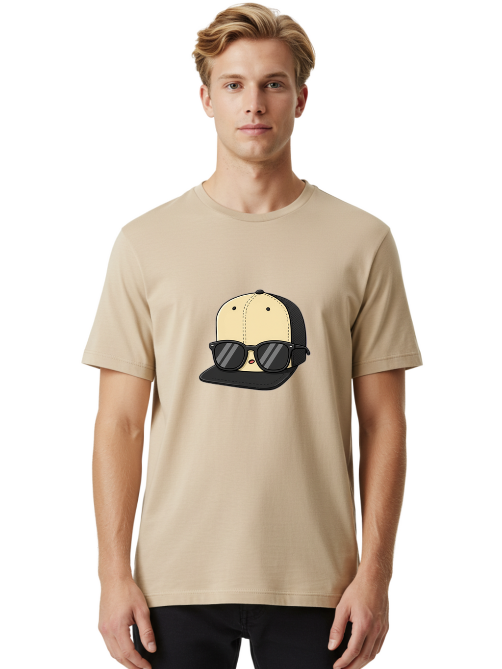 Baseball-Cap-1 Men'S Graphic Tee, 100% Cotton, Comfortable Casual Summer Wear, Machine Washable, Baseball Cap, Sunglasses, Cool Guy, Hipster Style, Trendy Accessories, Fashionable Hat, Cartoon Character, Black And Tan, Shades, Cool Vibes Bac615