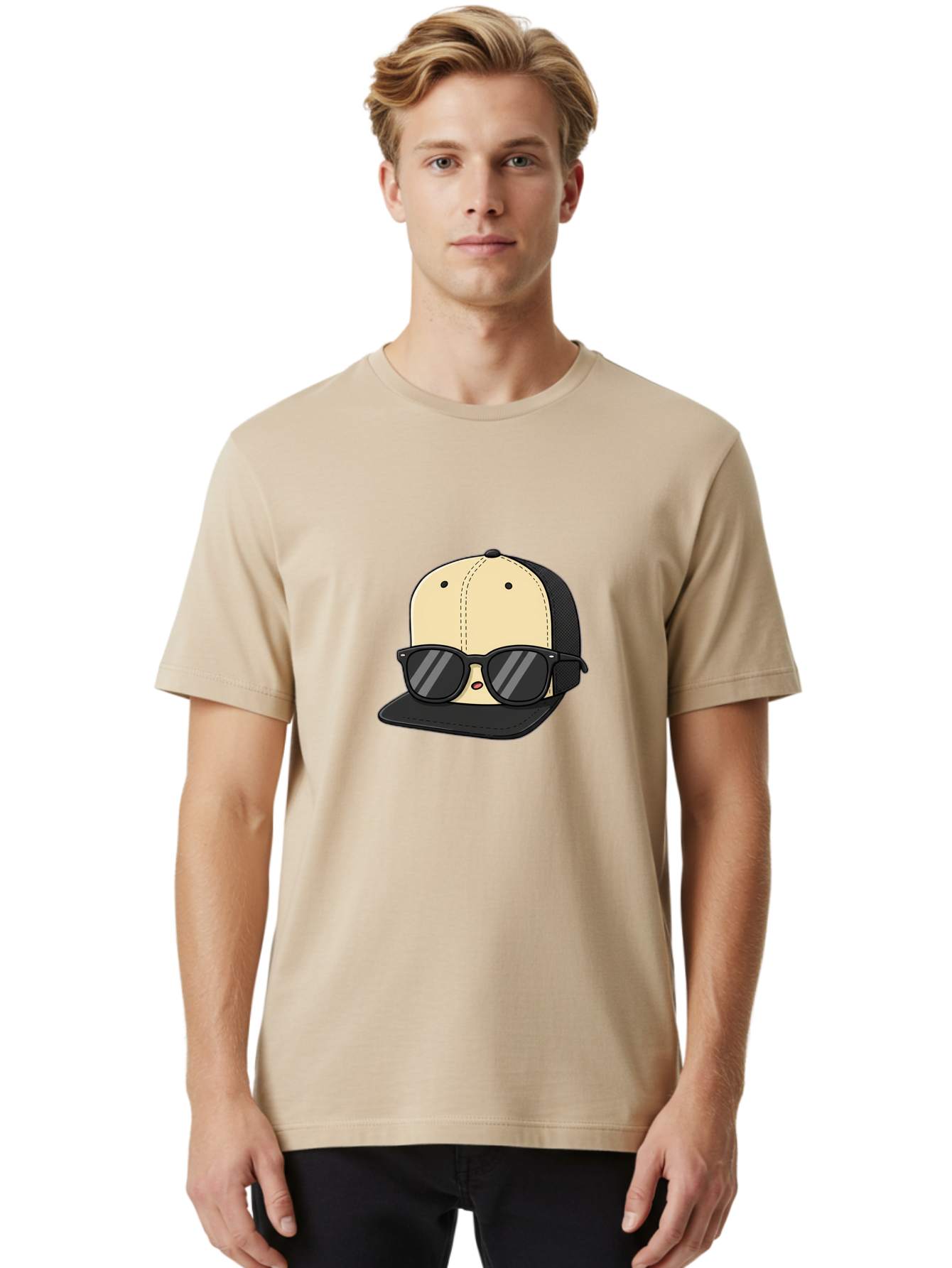 Baseball-Cap-1 Men'S Graphic Tee, 100% Cotton, Comfortable Casual Summer Wear, Machine Washable, Baseball Cap, Sunglasses, Cool Guy, Hipster Style, Trendy Accessories, Fashionable Hat, Cartoon Character, Black And Tan, Shades, Cool Vibes Bac615