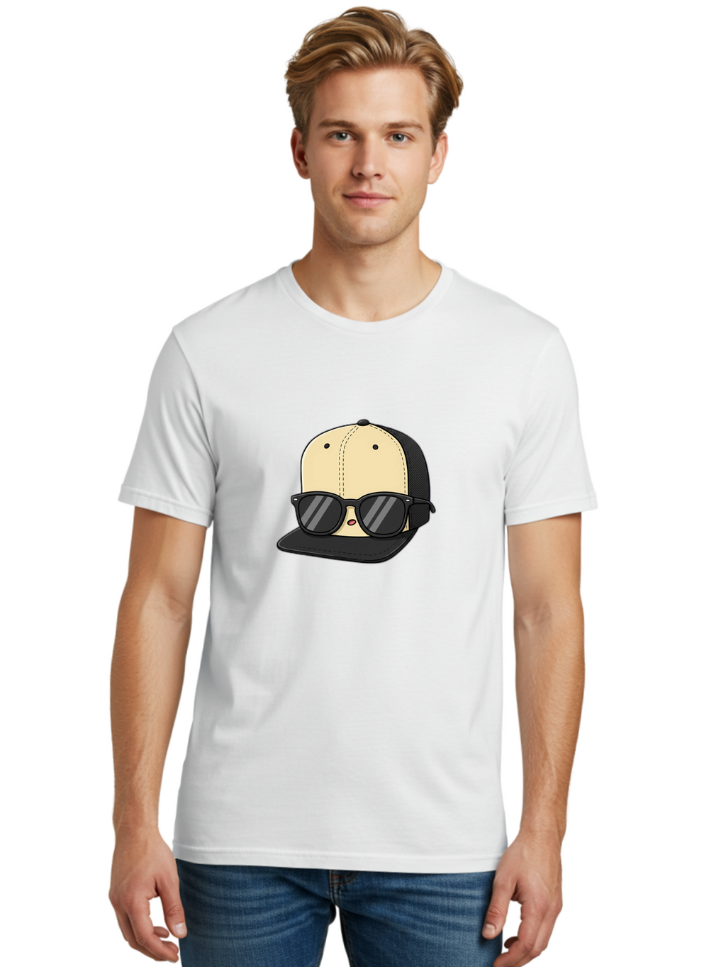 Baseball-Cap-1 Men'S Graphic Tee, 100% Cotton, Comfortable Casual Summer Wear, Machine Washable, Baseball Cap, Sunglasses, Cool Guy, Hipster Style, Trendy Accessories, Fashionable Hat, Cartoon Character, Black And Tan, Shades, Cool Vibes Bac615