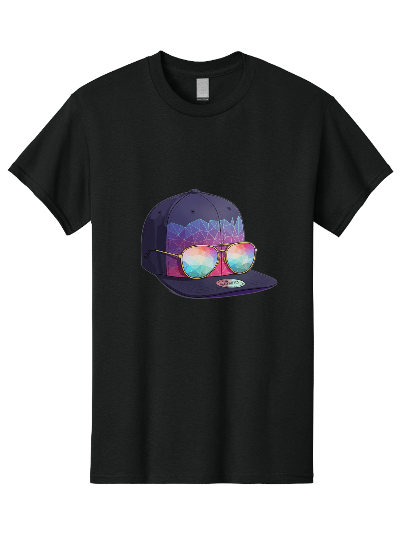 Baseball-Cap-With-Sunglasses-1 Men'S Graphic Tee, 100% Cotton, Comfortable Casual Summer Wear, Machine Washable, Baseball Cap, Sunglasses, Futuristic Style, Rainbow Colors, Gold Frames, Colorful Reflections, Modern Fashion, Trendy Accessories Bac616