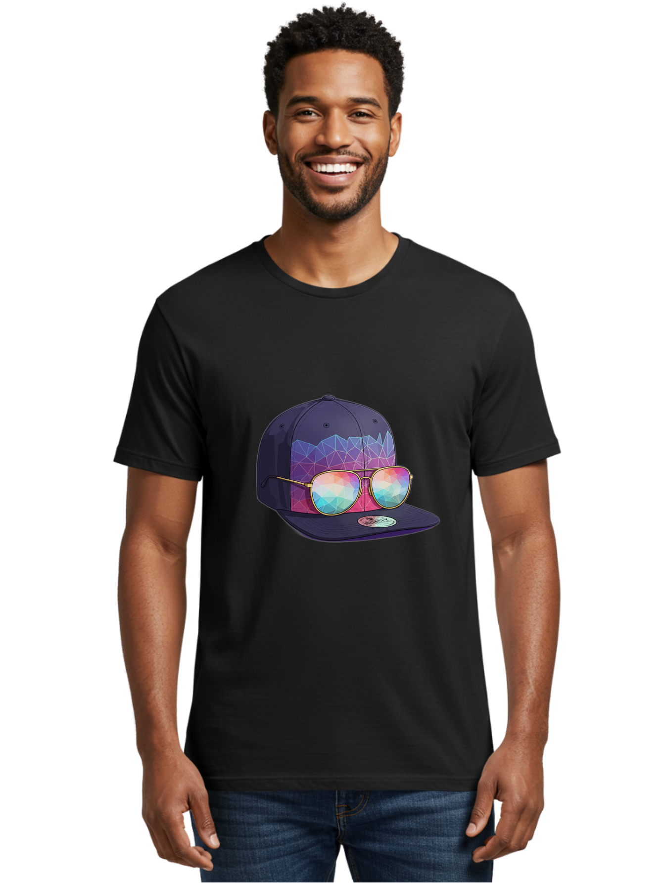Baseball-Cap-With-Sunglasses-1 Men'S Graphic Tee, 100% Cotton, Comfortable Casual Summer Wear, Machine Washable, Baseball Cap, Sunglasses, Futuristic Style, Rainbow Colors, Gold Frames, Colorful Reflections, Modern Fashion, Trendy Accessories Bac616