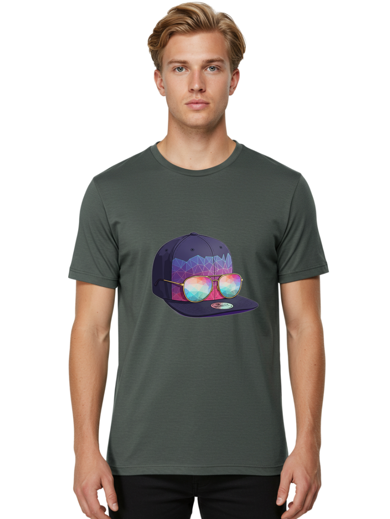 Baseball-Cap-With-Sunglasses-1 Men'S Graphic Tee, 100% Cotton, Comfortable Casual Summer Wear, Machine Washable, Baseball Cap, Sunglasses, Futuristic Style, Rainbow Colors, Gold Frames, Colorful Reflections, Modern Fashion, Trendy Accessories Bac616