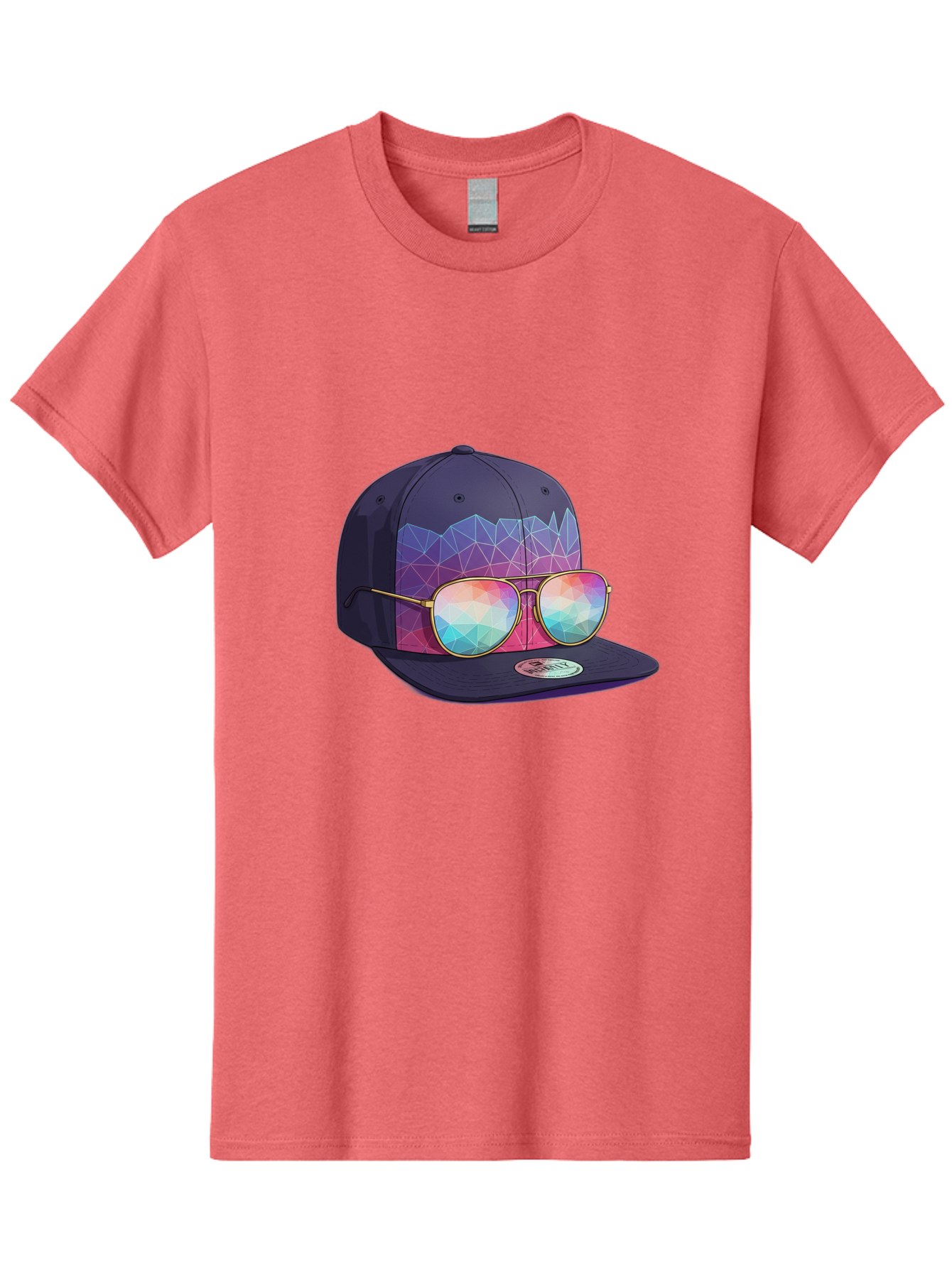 Baseball-Cap-With-Sunglasses-1 Men'S Graphic Tee, 100% Cotton, Comfortable Casual Summer Wear, Machine Washable, Baseball Cap, Sunglasses, Futuristic Style, Rainbow Colors, Gold Frames, Colorful Reflections, Modern Fashion, Trendy Accessories Bac616