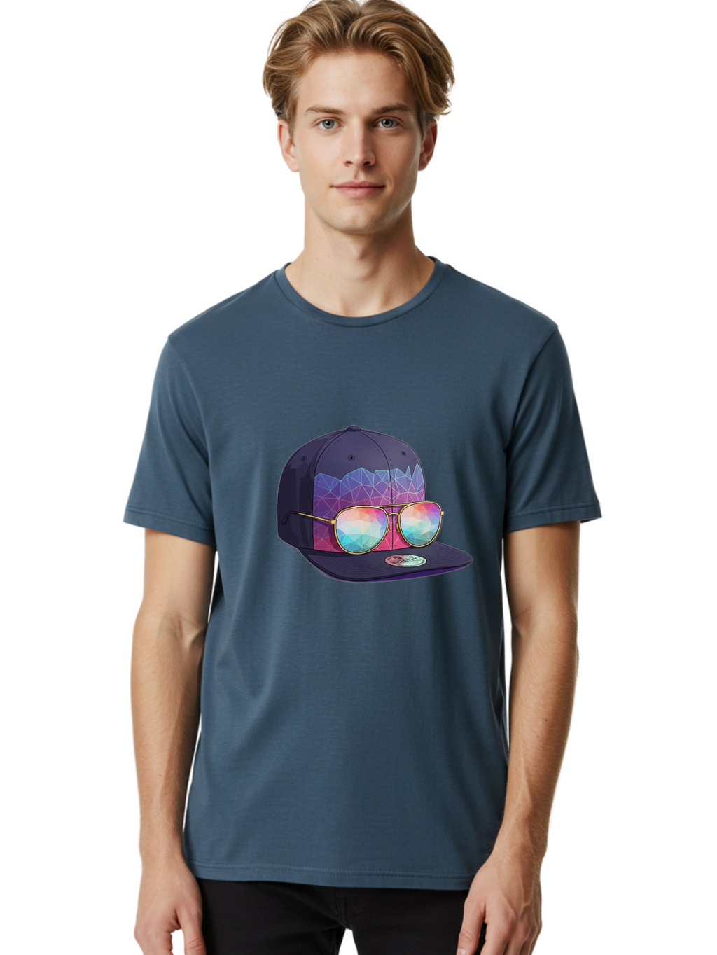 Baseball-Cap-With-Sunglasses-1 Men'S Graphic Tee, 100% Cotton, Comfortable Casual Summer Wear, Machine Washable, Baseball Cap, Sunglasses, Futuristic Style, Rainbow Colors, Gold Frames, Colorful Reflections, Modern Fashion, Trendy Accessories Bac616