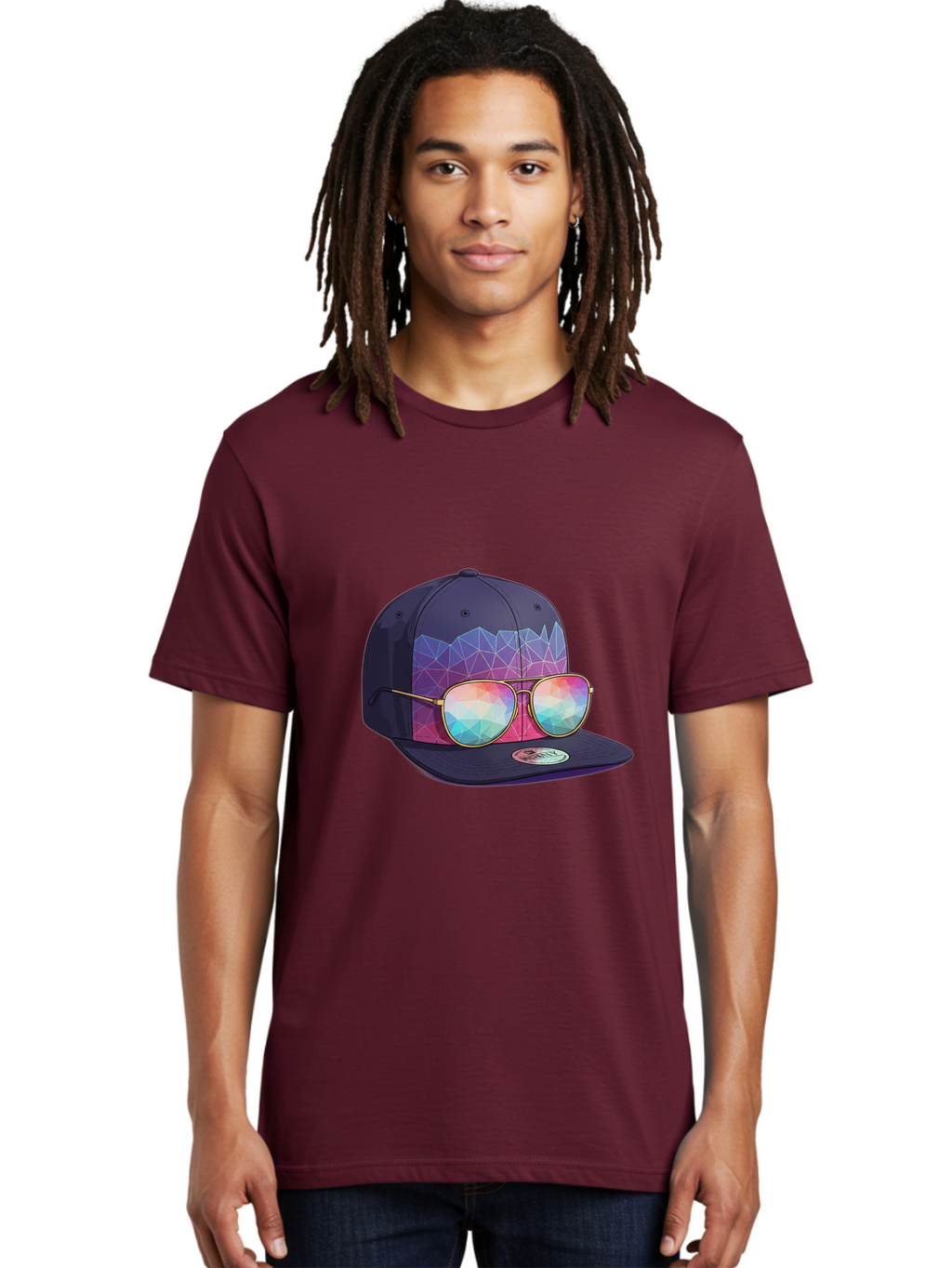 Baseball-Cap-With-Sunglasses-1 Men'S Graphic Tee, 100% Cotton, Comfortable Casual Summer Wear, Machine Washable, Baseball Cap, Sunglasses, Futuristic Style, Rainbow Colors, Gold Frames, Colorful Reflections, Modern Fashion, Trendy Accessories Bac616