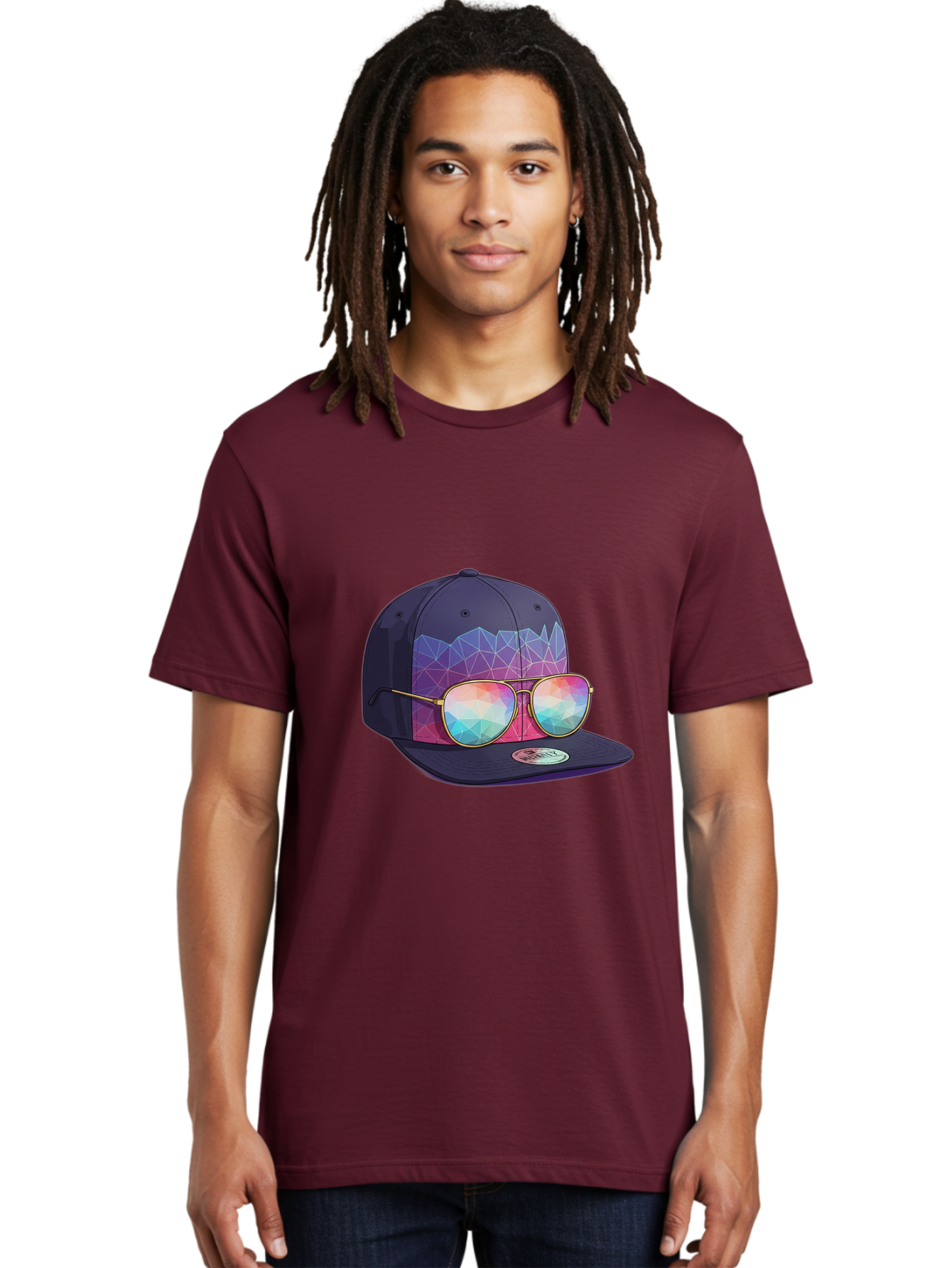 Baseball-Cap-With-Sunglasses-1 Men'S Graphic Tee, 100% Cotton, Comfortable Casual Summer Wear, Machine Washable, Baseball Cap, Sunglasses, Futuristic Style, Rainbow Colors, Gold Frames, Colorful Reflections, Modern Fashion, Trendy Accessories Bac616