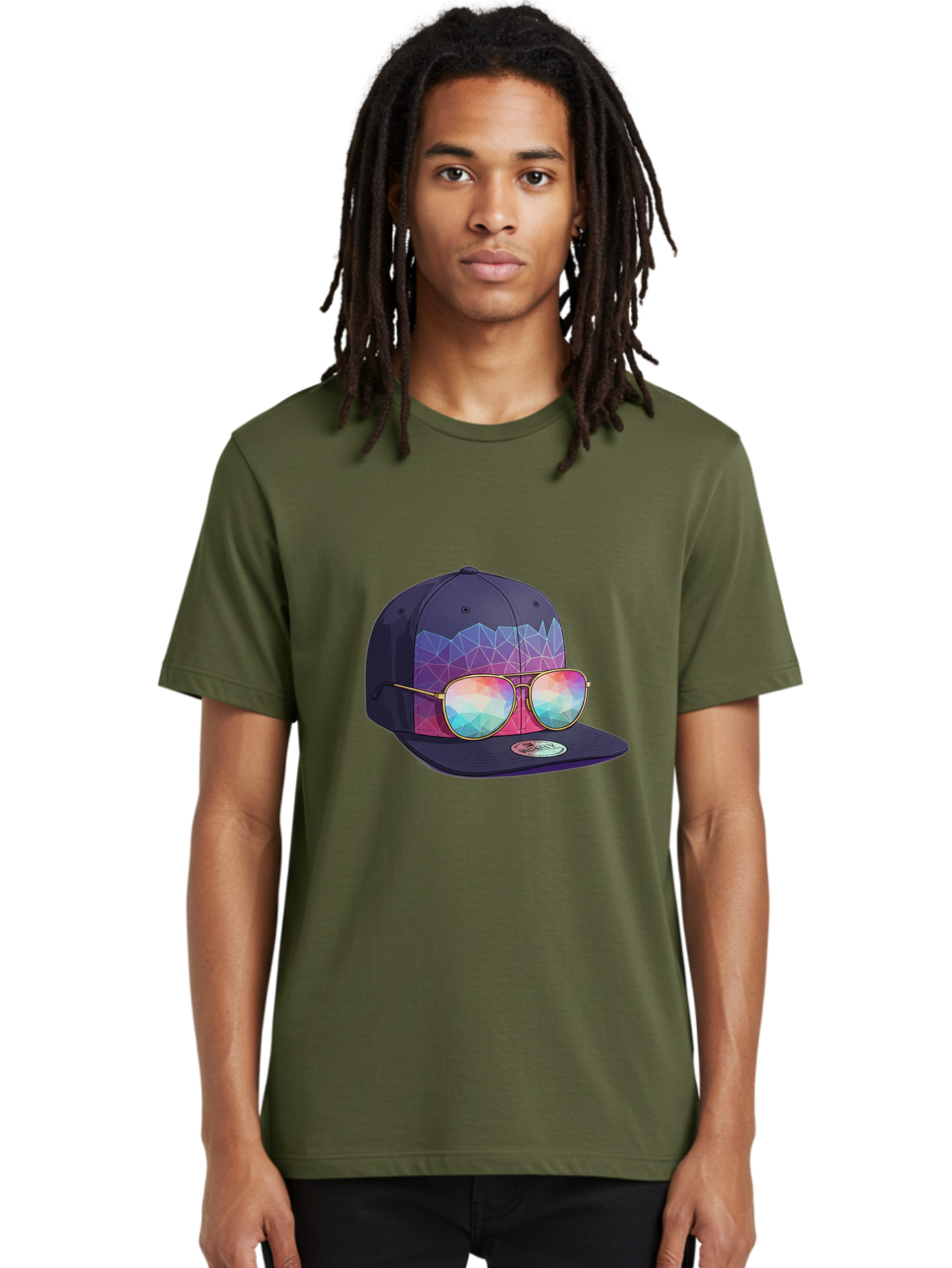Baseball-Cap-With-Sunglasses-1 Men'S Graphic Tee, 100% Cotton, Comfortable Casual Summer Wear, Machine Washable, Baseball Cap, Sunglasses, Futuristic Style, Rainbow Colors, Gold Frames, Colorful Reflections, Modern Fashion, Trendy Accessories Bac616