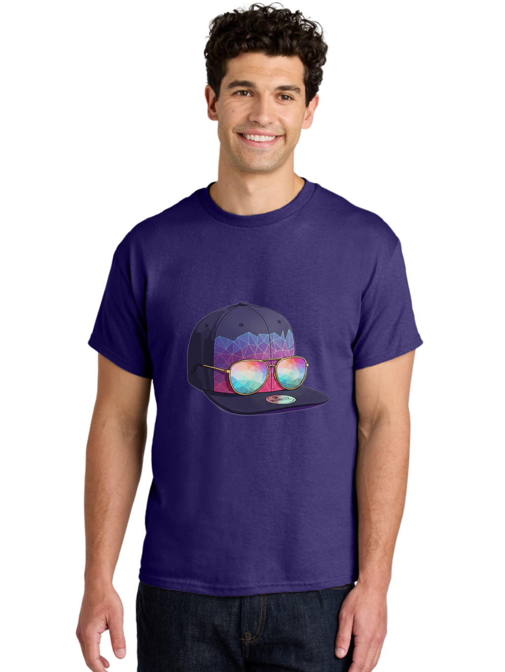 Baseball-Cap-With-Sunglasses-1 Men'S Graphic Tee, 100% Cotton, Comfortable Casual Summer Wear, Machine Washable, Baseball Cap, Sunglasses, Futuristic Style, Rainbow Colors, Gold Frames, Colorful Reflections, Modern Fashion, Trendy Accessories Bac616
