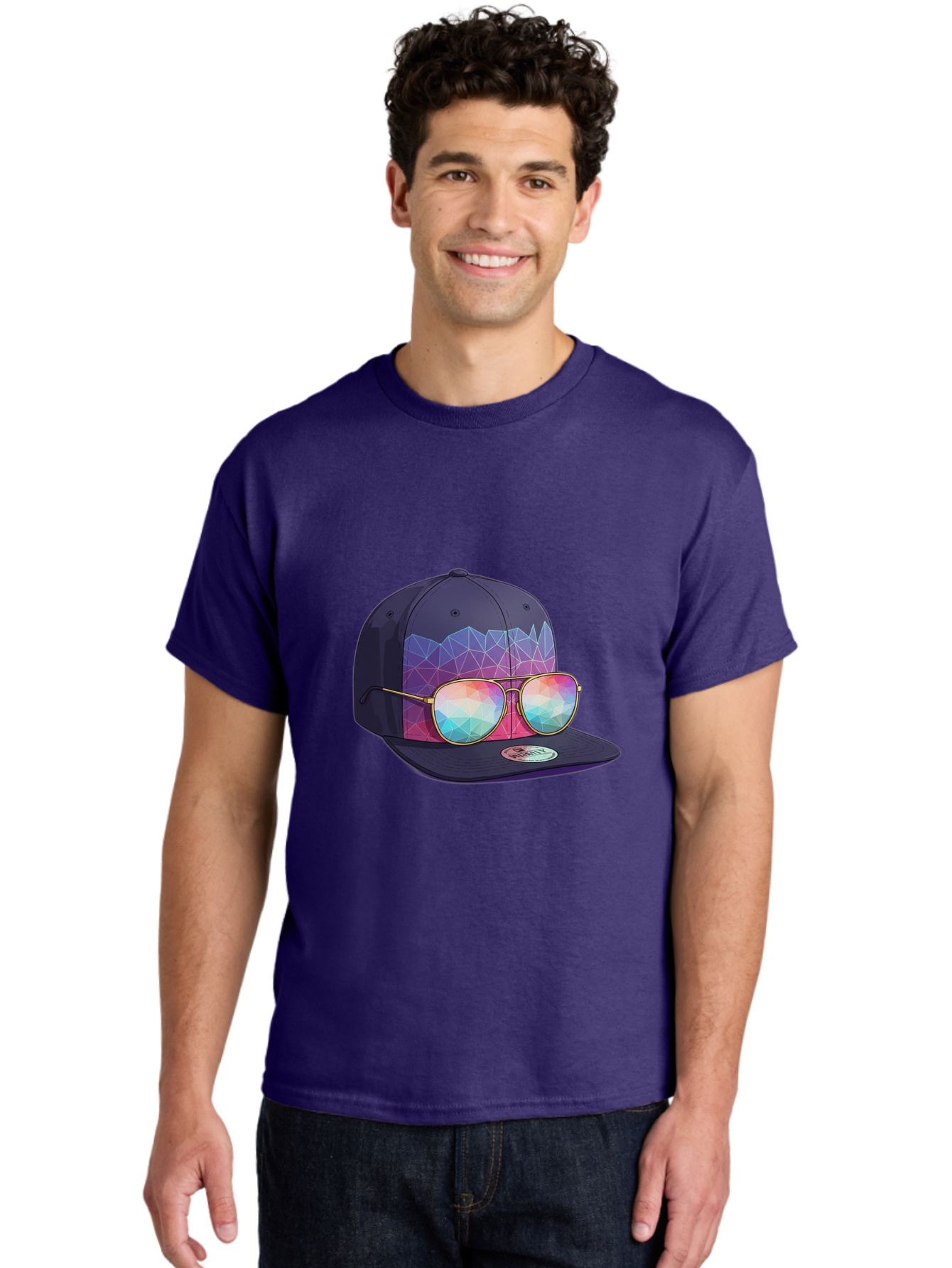 Baseball-Cap-With-Sunglasses-1 Men'S Graphic Tee, 100% Cotton, Comfortable Casual Summer Wear, Machine Washable, Baseball Cap, Sunglasses, Futuristic Style, Rainbow Colors, Gold Frames, Colorful Reflections, Modern Fashion, Trendy Accessories Bac616