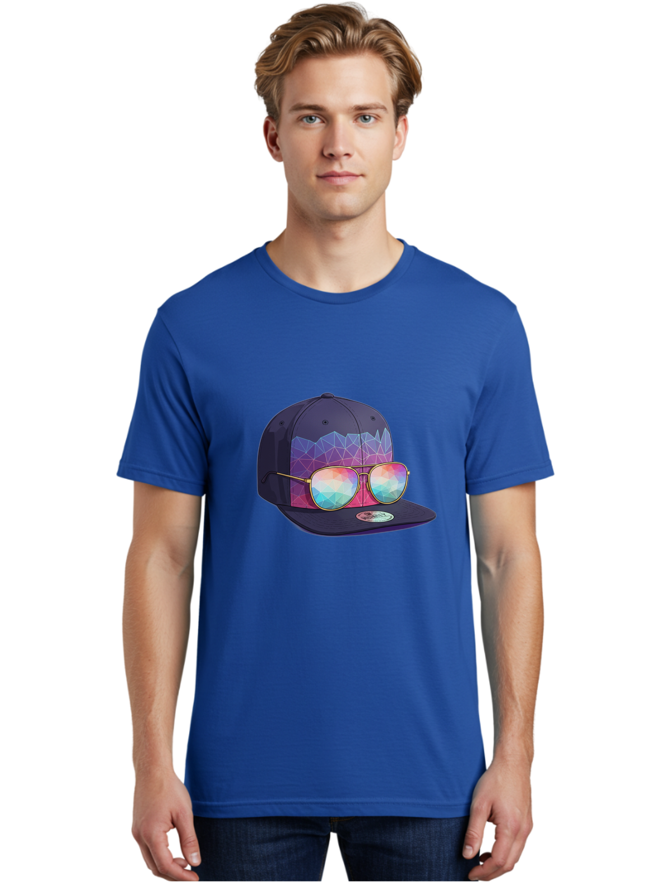 Baseball-Cap-With-Sunglasses-1 Men'S Graphic Tee, 100% Cotton, Comfortable Casual Summer Wear, Machine Washable, Baseball Cap, Sunglasses, Futuristic Style, Rainbow Colors, Gold Frames, Colorful Reflections, Modern Fashion, Trendy Accessories Bac616