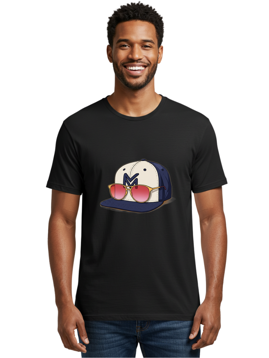 Baseball-Cap-With-Sunglasses Men'S Graphic Tee, 100% Cotton, Comfortable Casual Summer Wear, Machine Washable, Baseball Cap With Sunglasses, Cool Accessories, Stylish Hat, Trendy Eyewear, Gold Frames, Red Lenses, Navy Blue And White Colors, Bac617