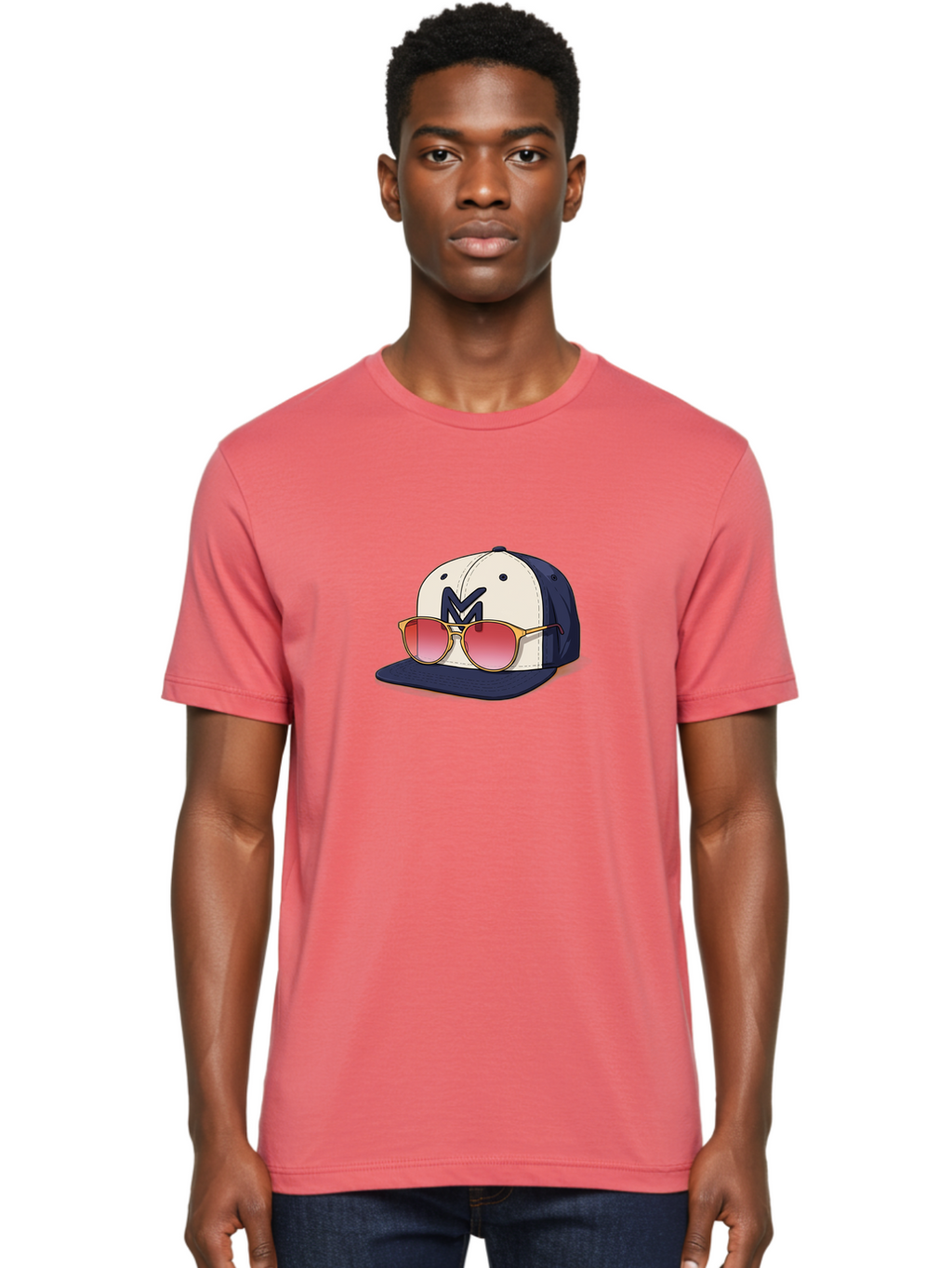 Baseball-Cap-With-Sunglasses Men'S Graphic Tee, 100% Cotton, Comfortable Casual Summer Wear, Machine Washable, Baseball Cap With Sunglasses, Cool Accessories, Stylish Hat, Trendy Eyewear, Gold Frames, Red Lenses, Navy Blue And White Colors, Bac617